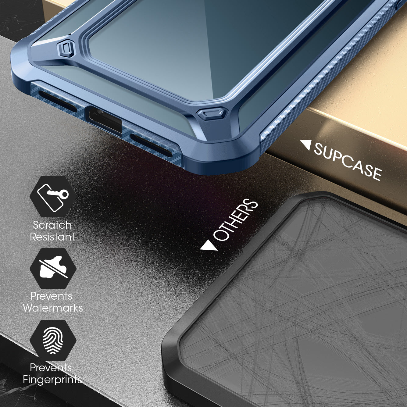 SUPCASE Unicorn Beetle Exo clear case with blue bumper and built-in screen protector on an iPhone 12 Pro Max. — view 6