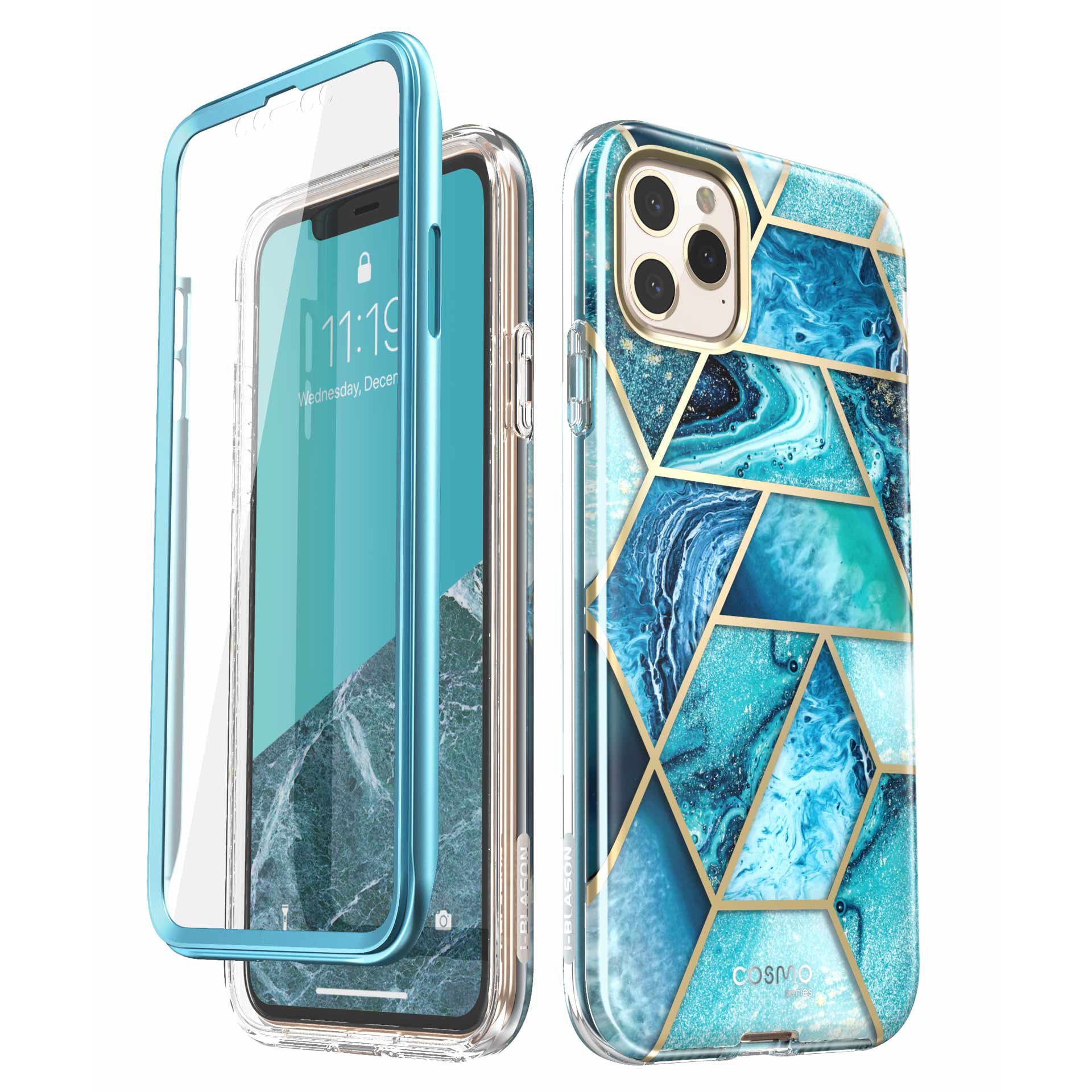 i-Blason Cosmo Classic case in Ocean Blue on an iPhone 11 Pro Max with built-in screen protector. — view 2