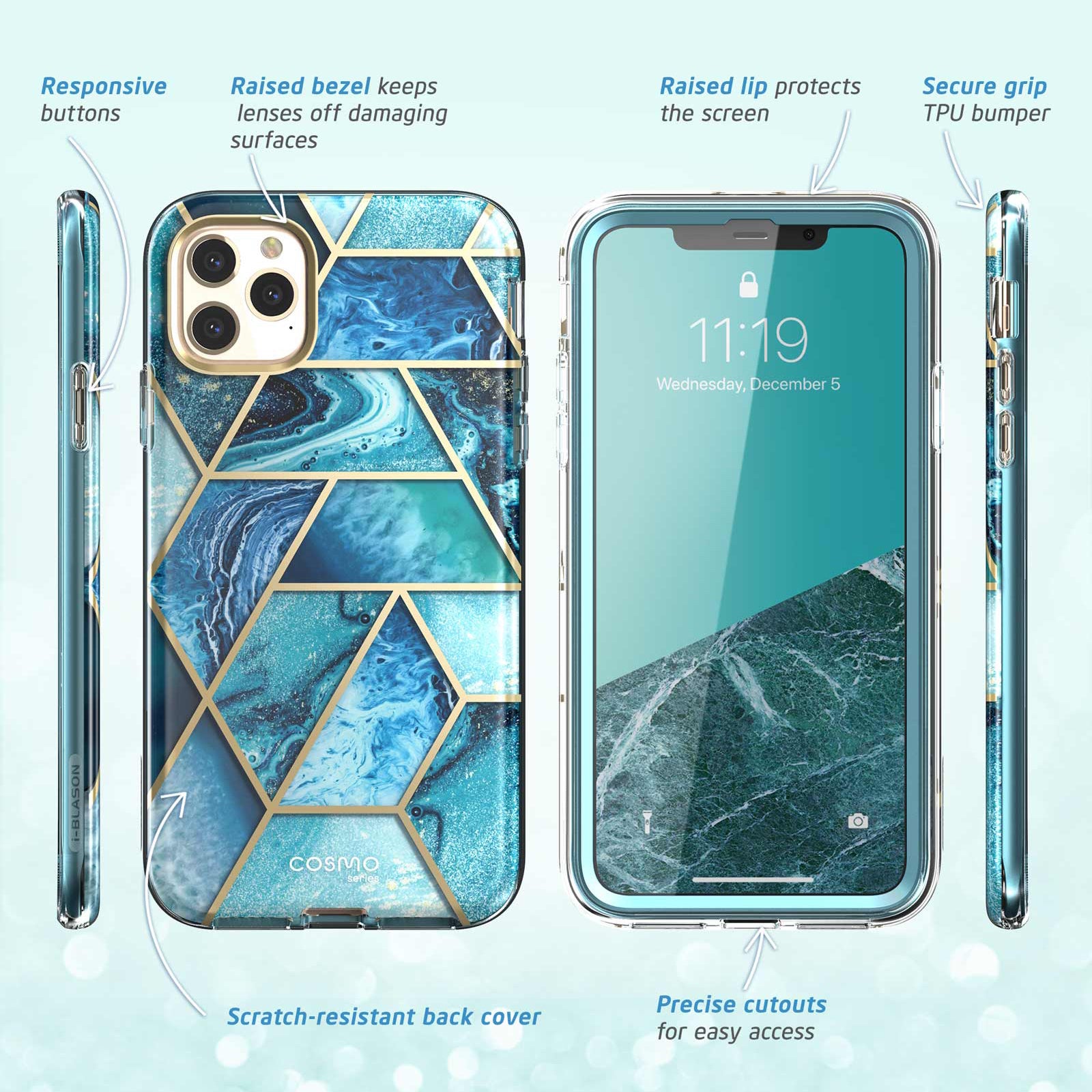 i-Blason Cosmo Classic case in Ocean Blue on an iPhone 11 Pro Max with built-in screen protector. — view 6