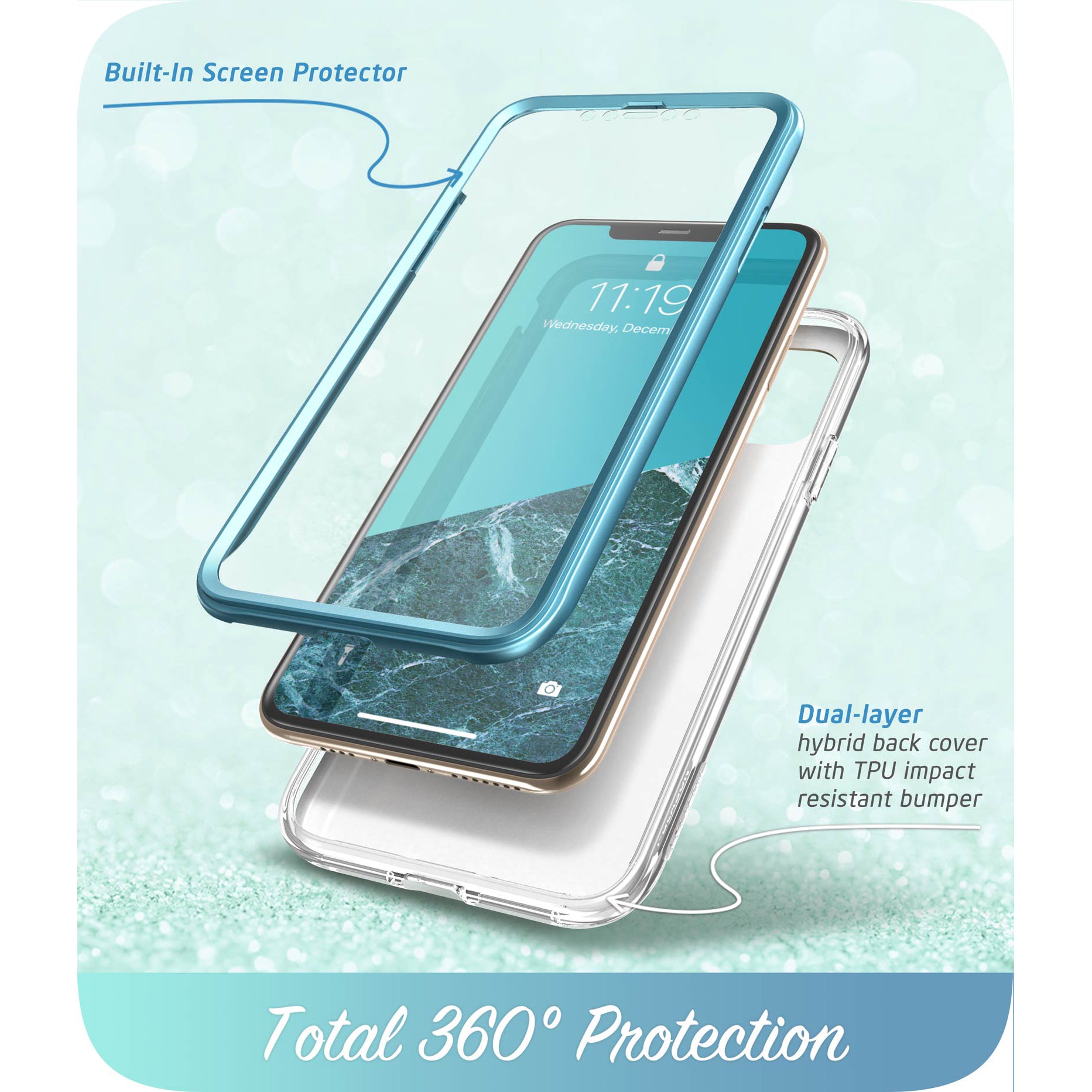 i-Blason Cosmo Classic case in Ocean Blue on an iPhone 11 Pro Max with built-in screen protector. — view 4
