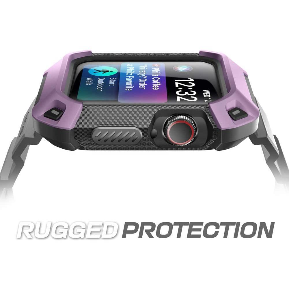Purple SUPCASE Unicorn Beetle Pro rugged wristband case on a 44mm Apple Watch. — view 2