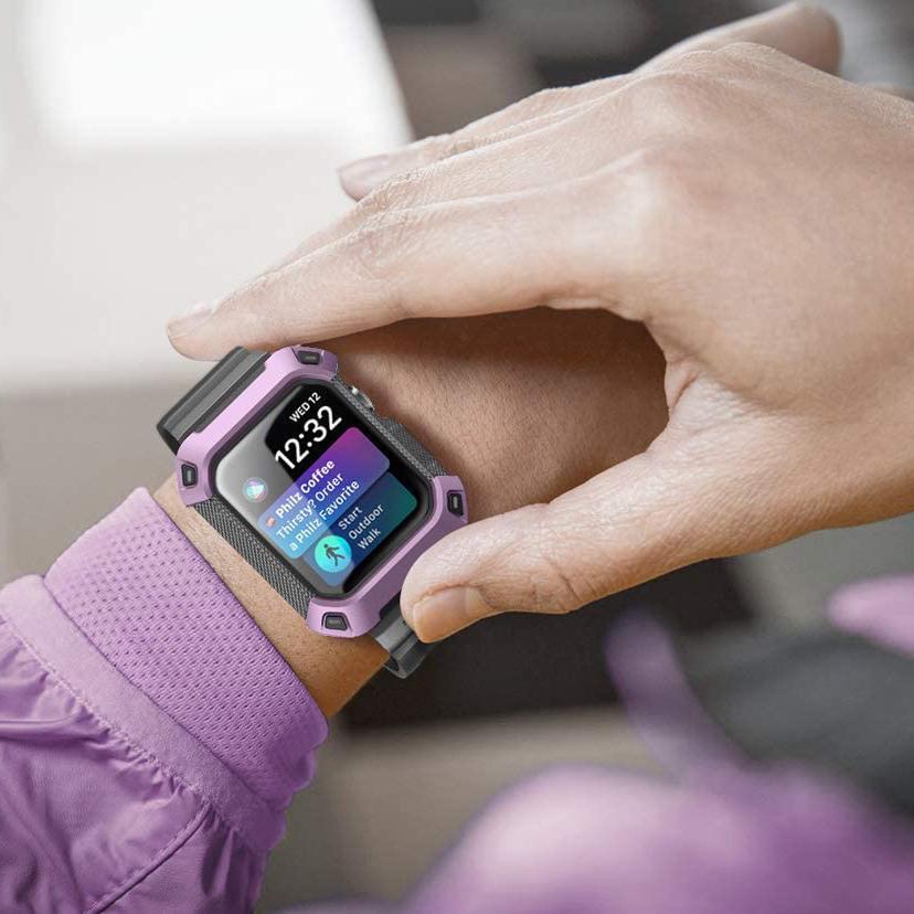 Purple SUPCASE Unicorn Beetle Pro rugged wristband case on a 44mm Apple Watch. — view 6