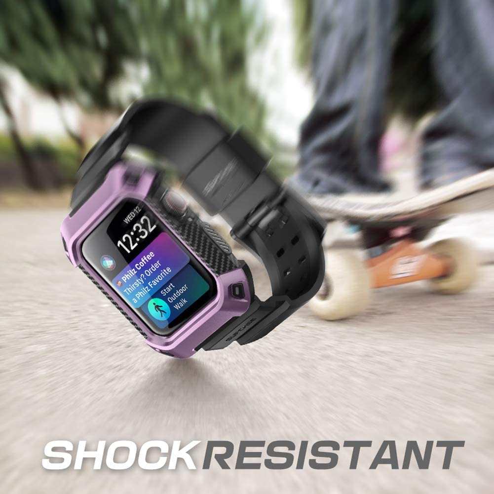 Purple SUPCASE Unicorn Beetle Pro rugged wristband case on a 44mm Apple Watch. — view 4