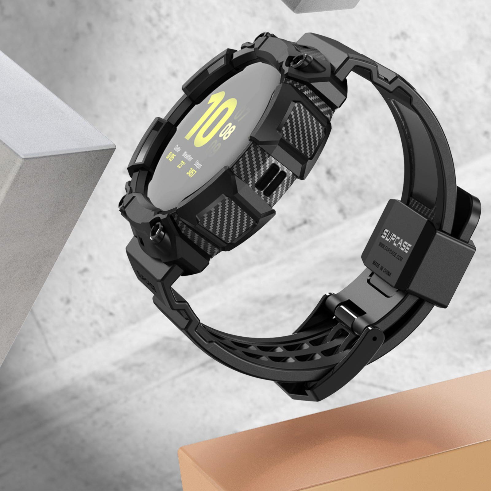 Black SUPCASE Unicorn Beetle Pro wristband case on a Samsung Galaxy Watch Active2 44mm with raised bezel. — view 2