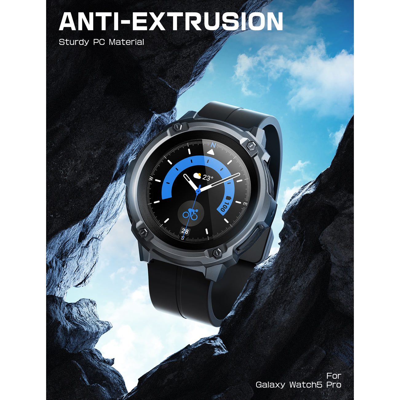 Black SUPCASE Unicorn Beetle rugged TPU case fitted to a Samsung Galaxy Watch5 Pro 45mm smartwatch. — view 8