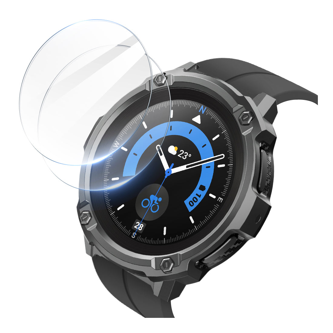 Black SUPCASE Unicorn Beetle rugged TPU case fitted to a Samsung Galaxy Watch5 Pro 45mm smartwatch. — view 3