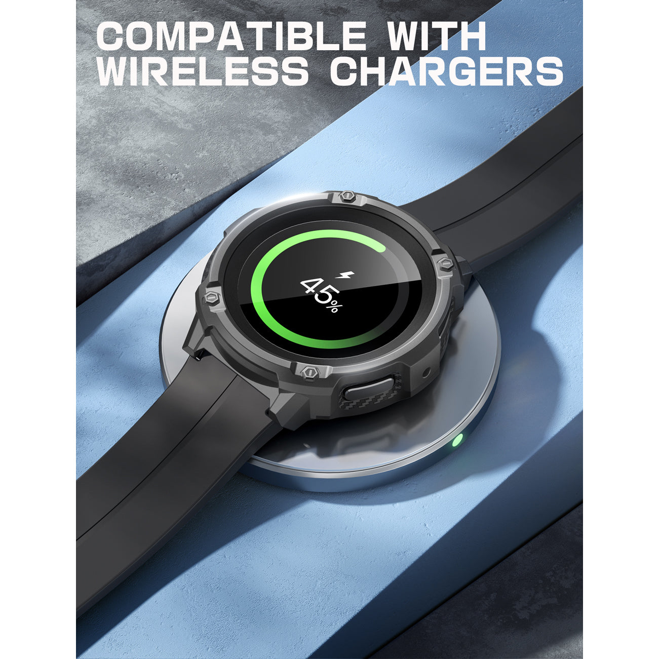 Black SUPCASE Unicorn Beetle rugged TPU case fitted to a Samsung Galaxy Watch5 Pro 45mm smartwatch. — view 10