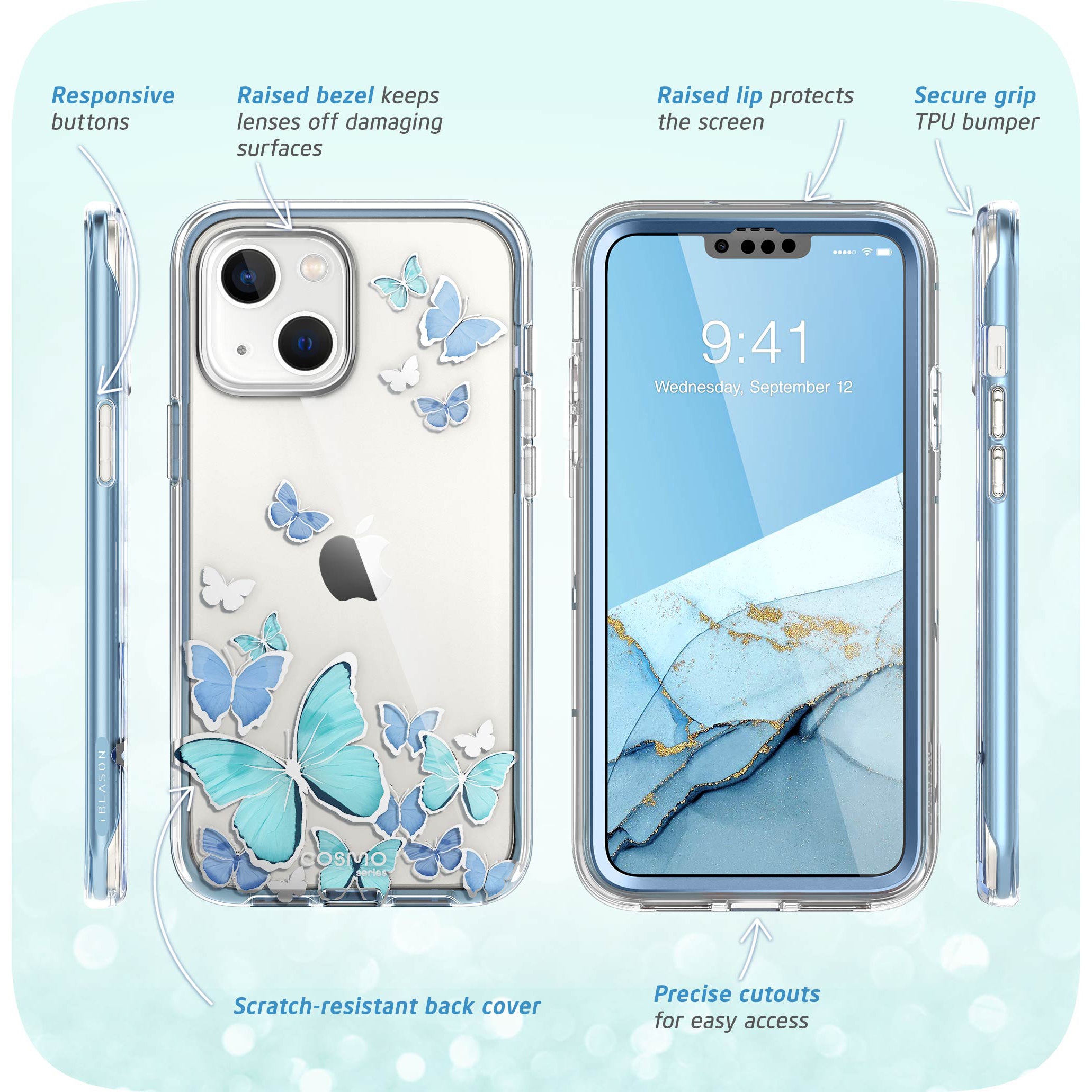 i-Blason Cosmo Butterfly case in the BlueFly design for the 6.1-inch iPhone 14 and iPhone 13. — view 7