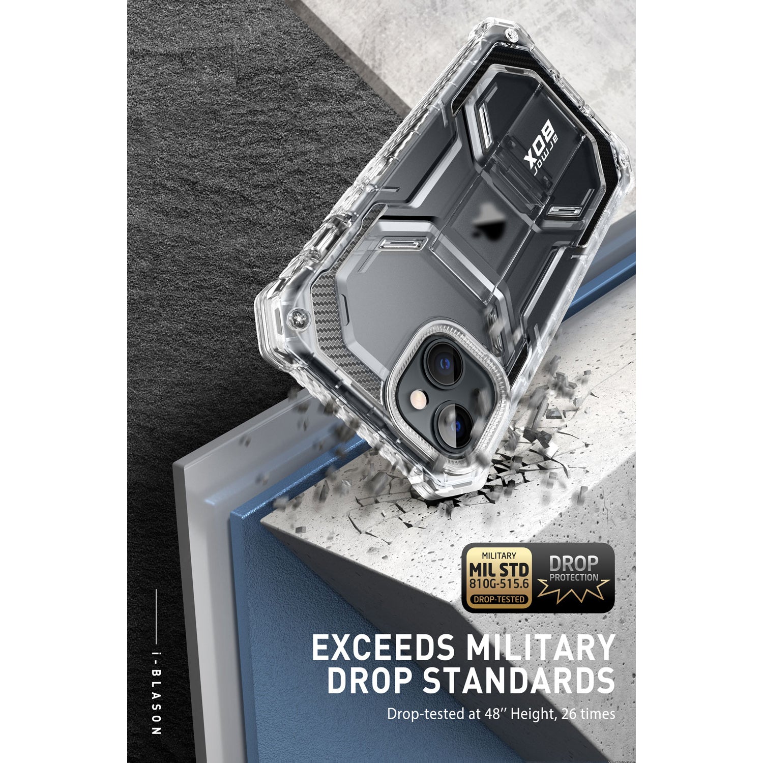 i-Blason Armorbox rugged case in Frost on an iPhone 14 Plus with belt clip holster — view 3
