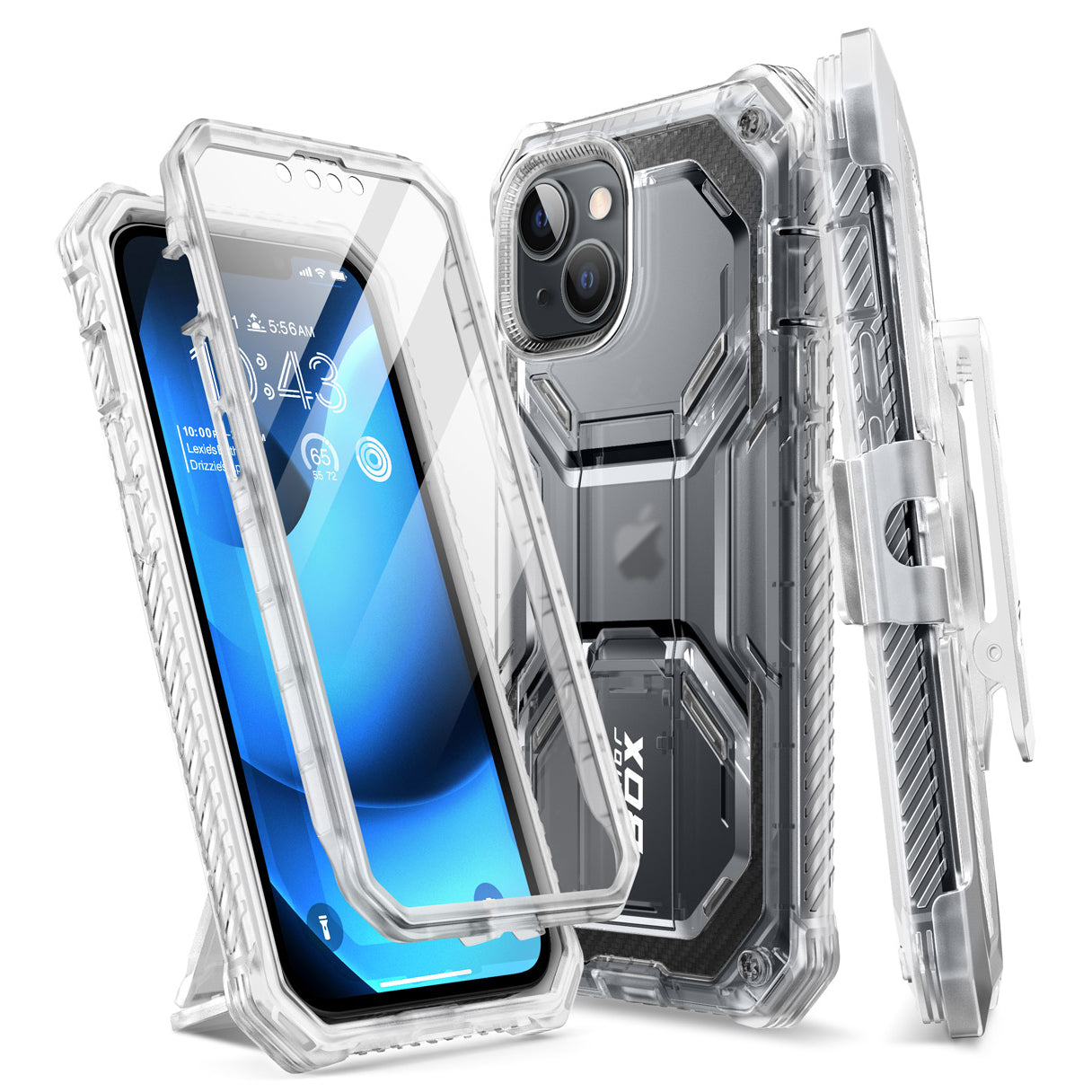 i-Blason Armorbox rugged case in Frost on an iPhone 14 Plus with belt clip holster — view 2