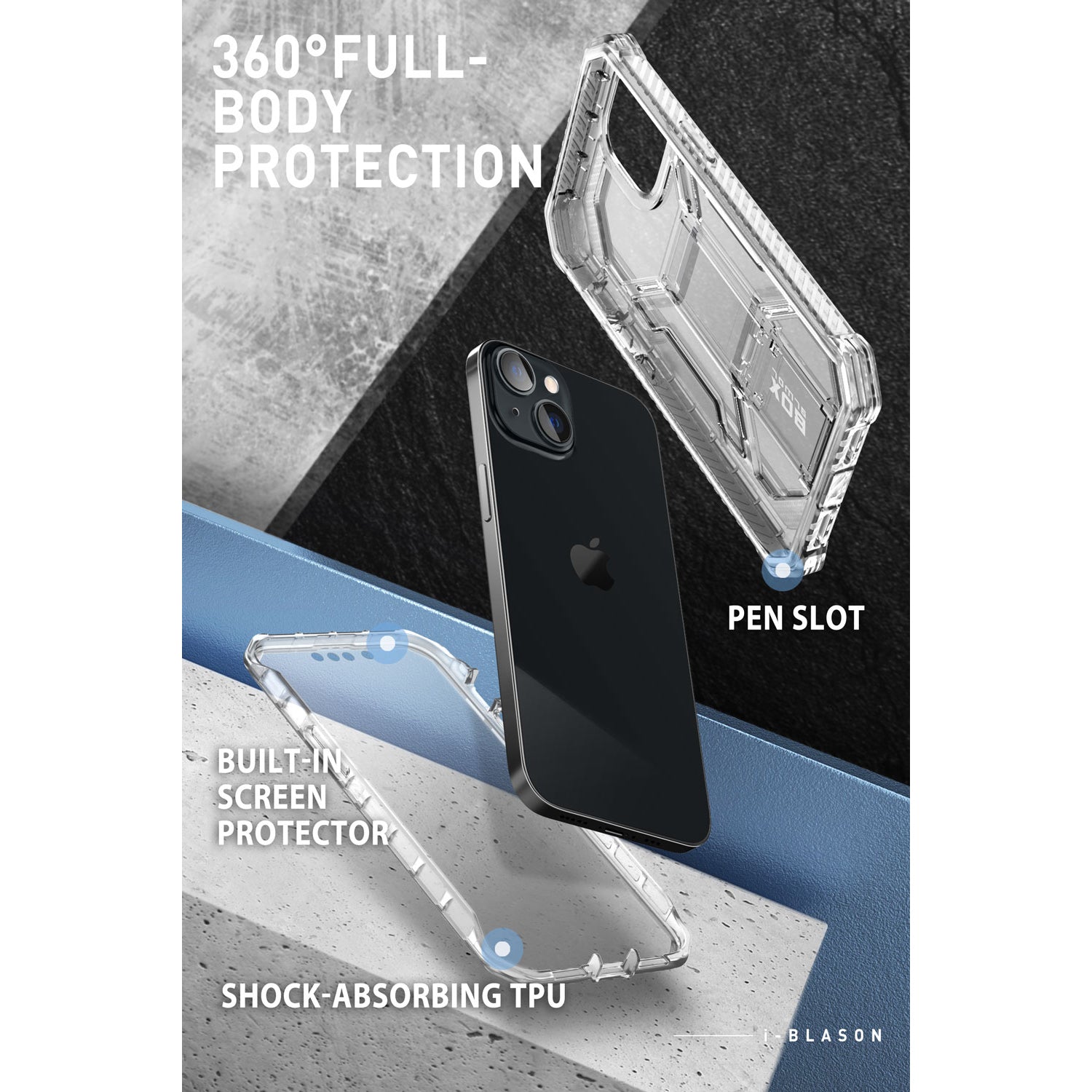 i-Blason Armorbox rugged case in Frost on an iPhone 14 Plus with belt clip holster — view 4