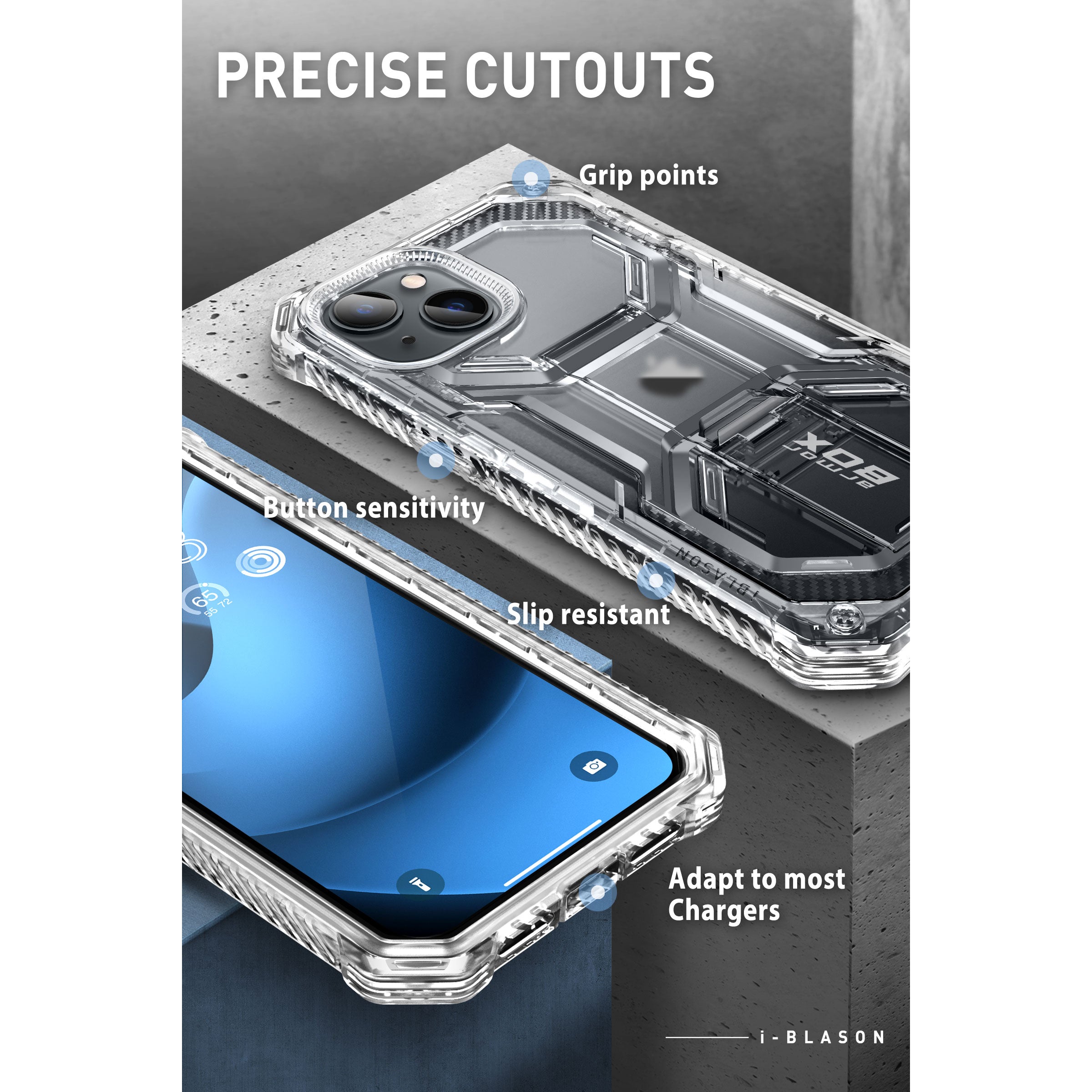 i-Blason Armorbox rugged case in Frost on an iPhone 14 Plus with belt clip holster — view 5