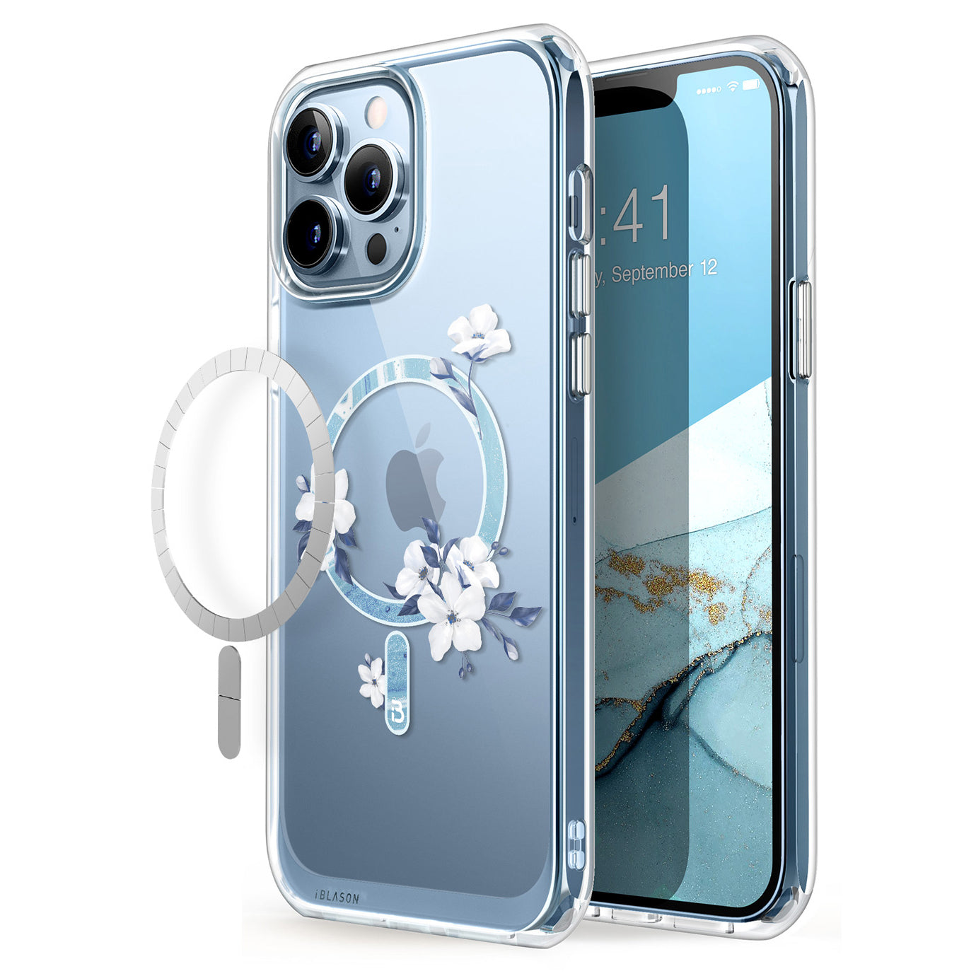 i-Blason Halo Mag case in Magnolia White floral design with TPU bumpers for iPhone 13 Pro Max. — view 2