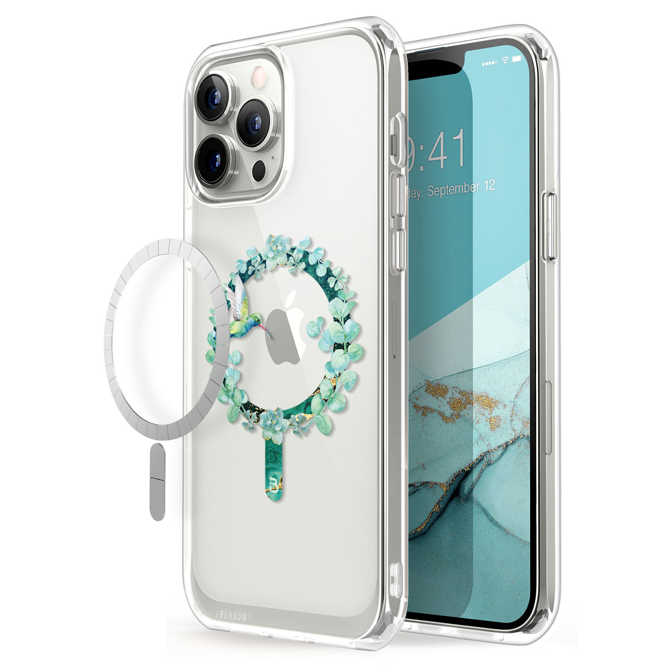 i-Blason Halo Mag case in Green Hummingbird design with TPU bumpers for iPhone 13 Pro Max. — view 2