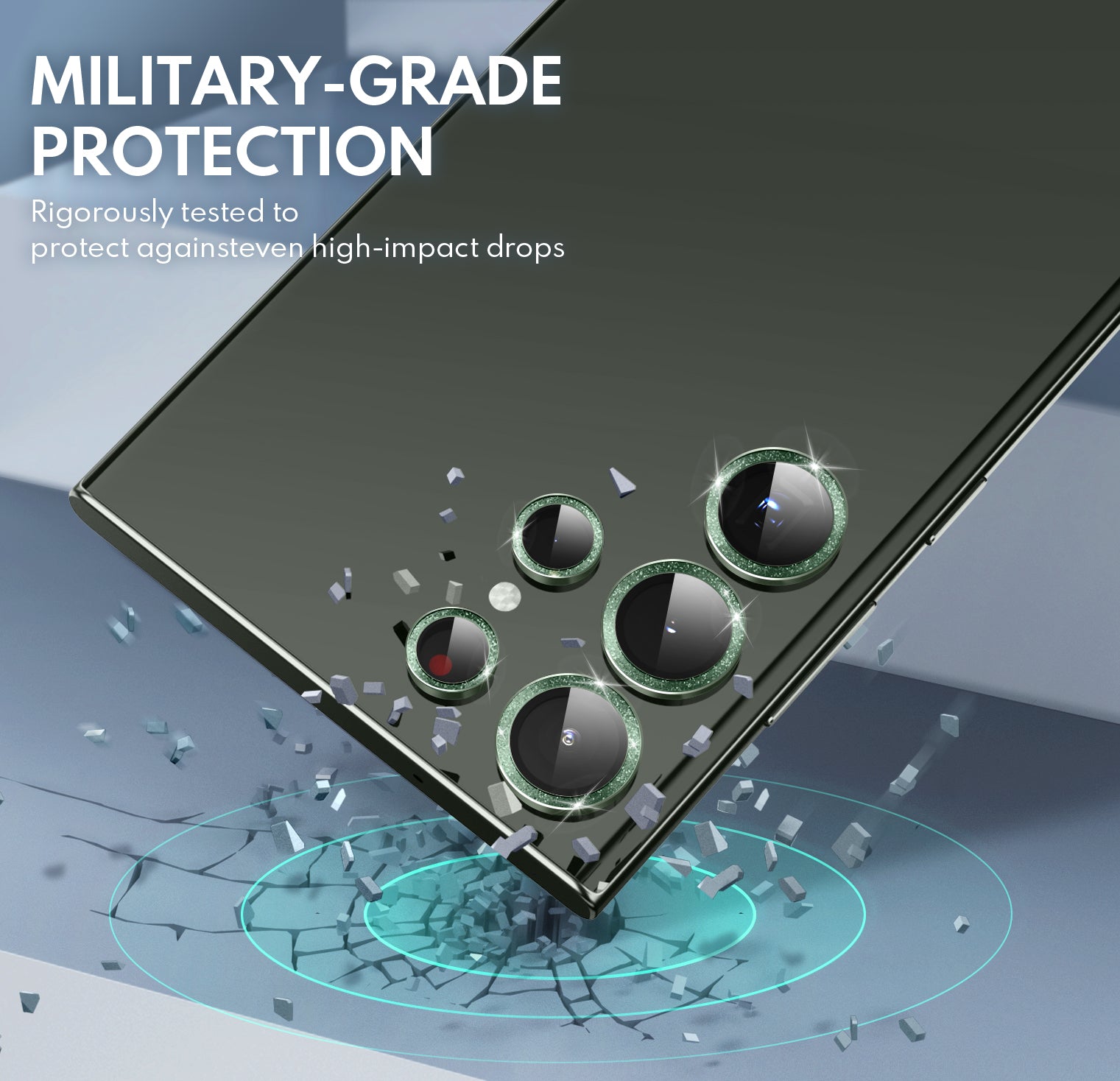 SUPCASE Glitter Green tempered glass camera lens protector for the Samsung Galaxy S23 Ultra. — view 3