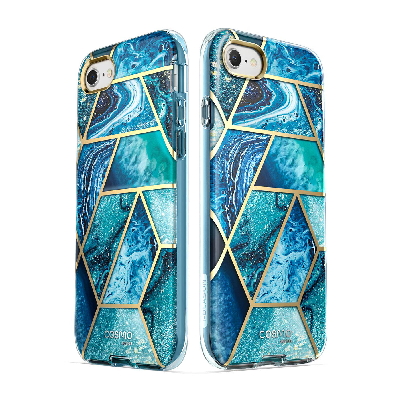 i-Blason Cosmo full-body case in Ocean Blue on an iPhone SE with built-in screen protector. — view 9