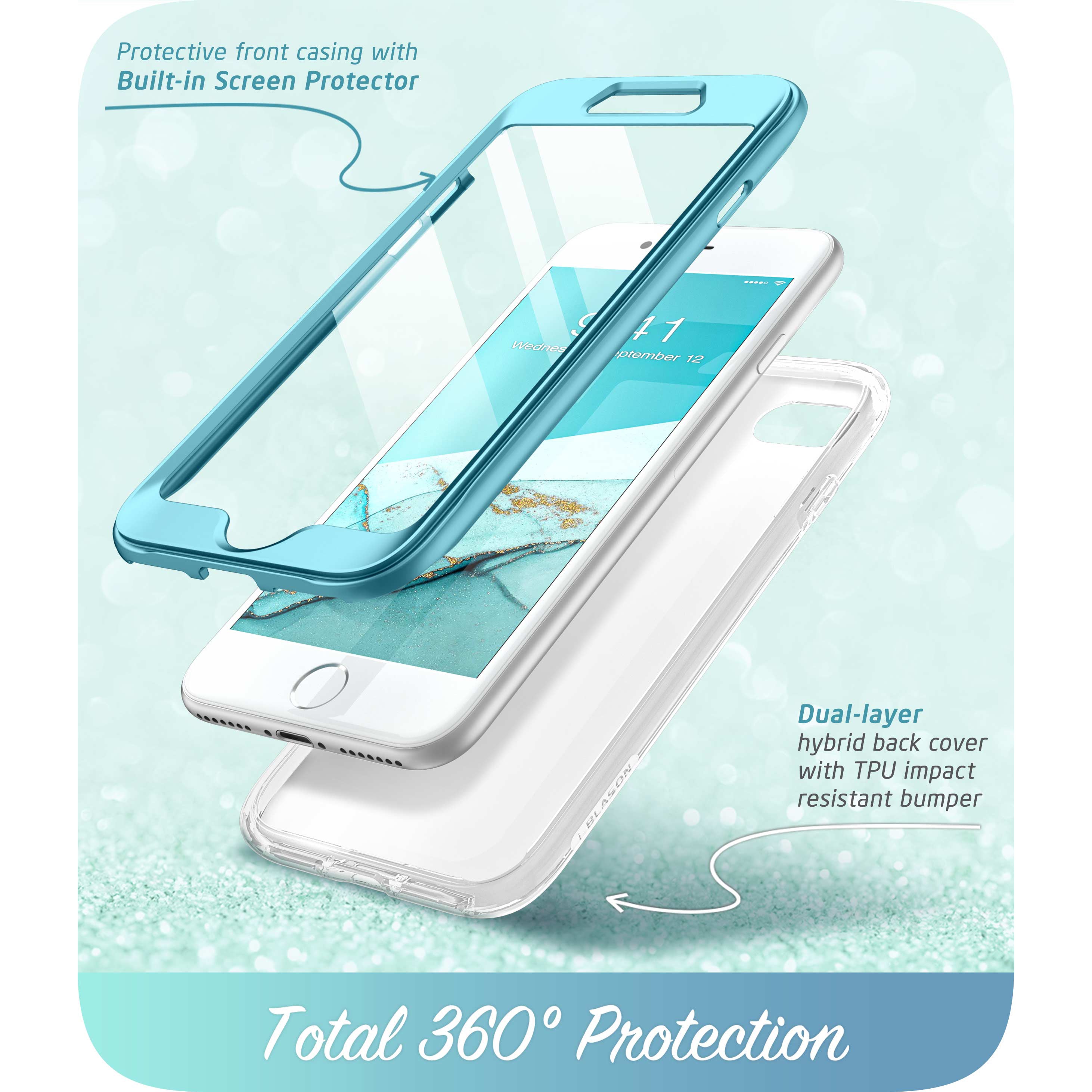 i-Blason Cosmo full-body case in Ocean Blue on an iPhone SE with built-in screen protector. — view 4