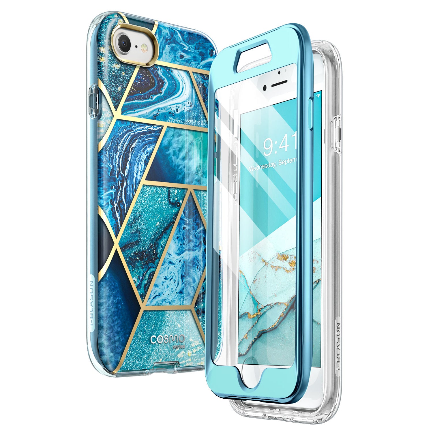 i-Blason Cosmo full-body case in Ocean Blue on an iPhone SE with built-in screen protector. — view 2
