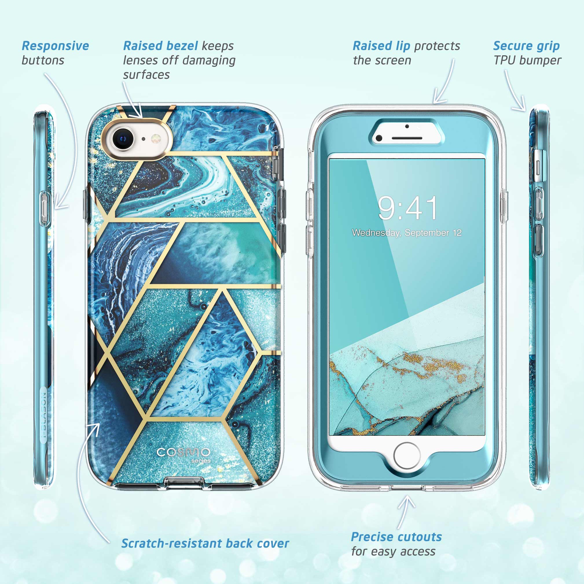 i-Blason Cosmo full-body case in Ocean Blue on an iPhone SE with built-in screen protector. — view 8