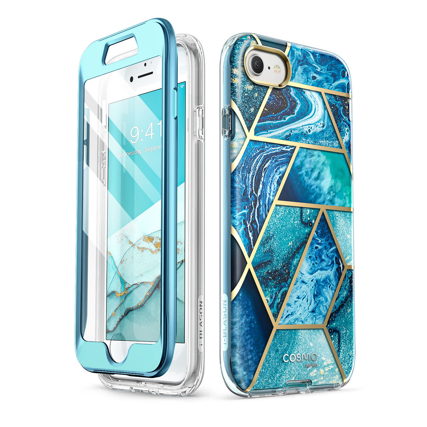 i-Blason Cosmo full-body case in Ocean Blue on an iPhone SE with built-in screen protector. — view 3