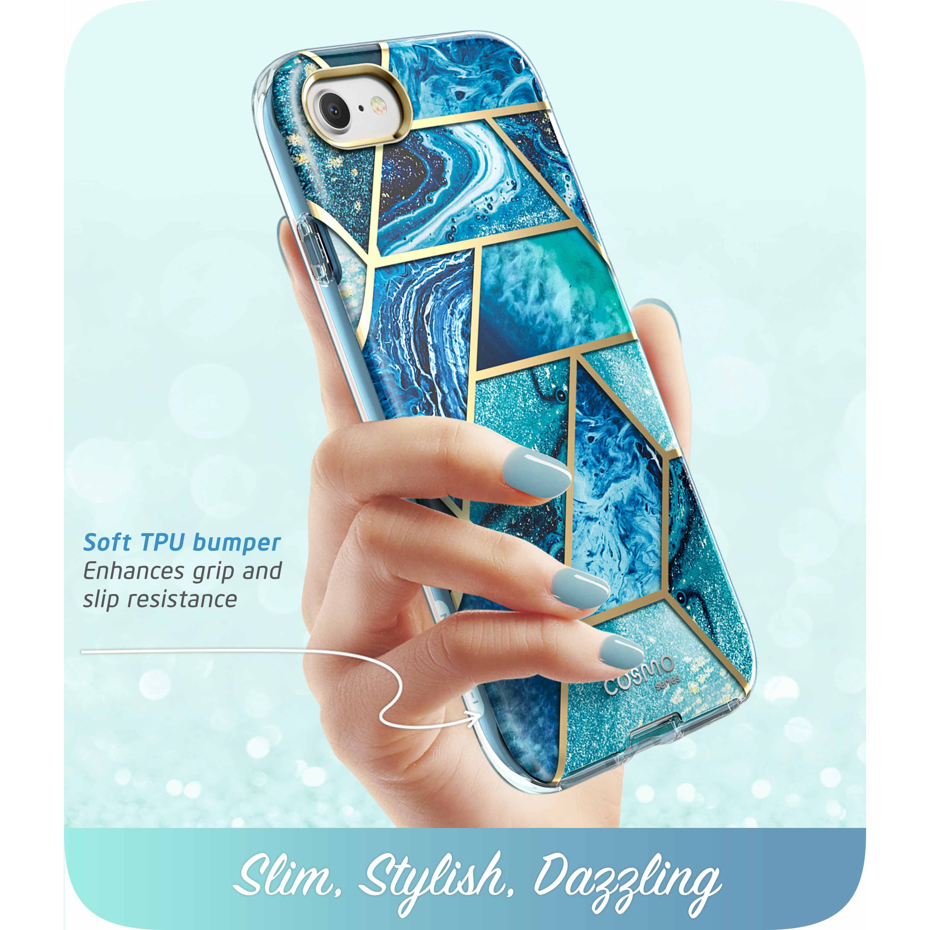 i-Blason Cosmo full-body case in Ocean Blue on an iPhone SE with built-in screen protector. — view 5