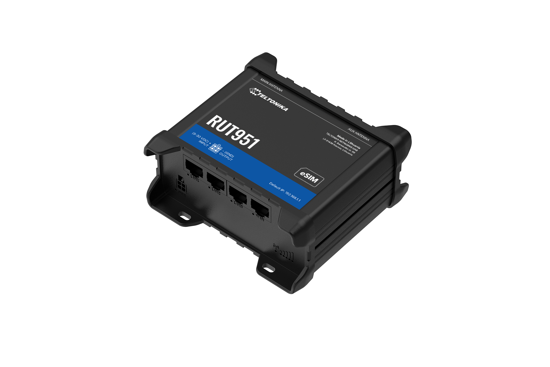 Teltonika RUT951 dual-SIM industrial Cat 4 LTE router with four Ethernet ports — view 2