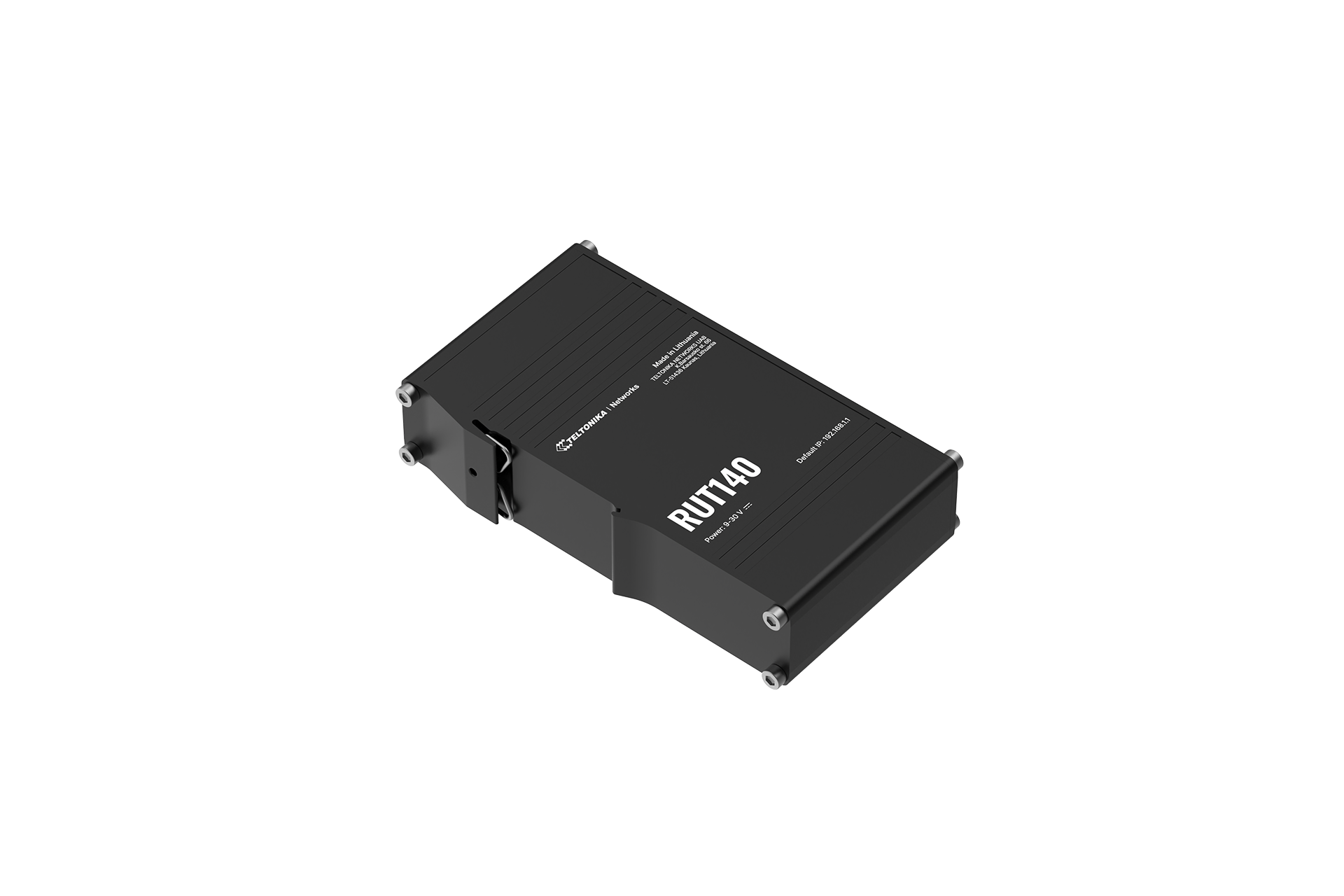 Teltonika RUT140 industrial Ethernet router with two 10/100 Mbps ports, Wi‑Fi 4, and DIN rail bracket — view 2