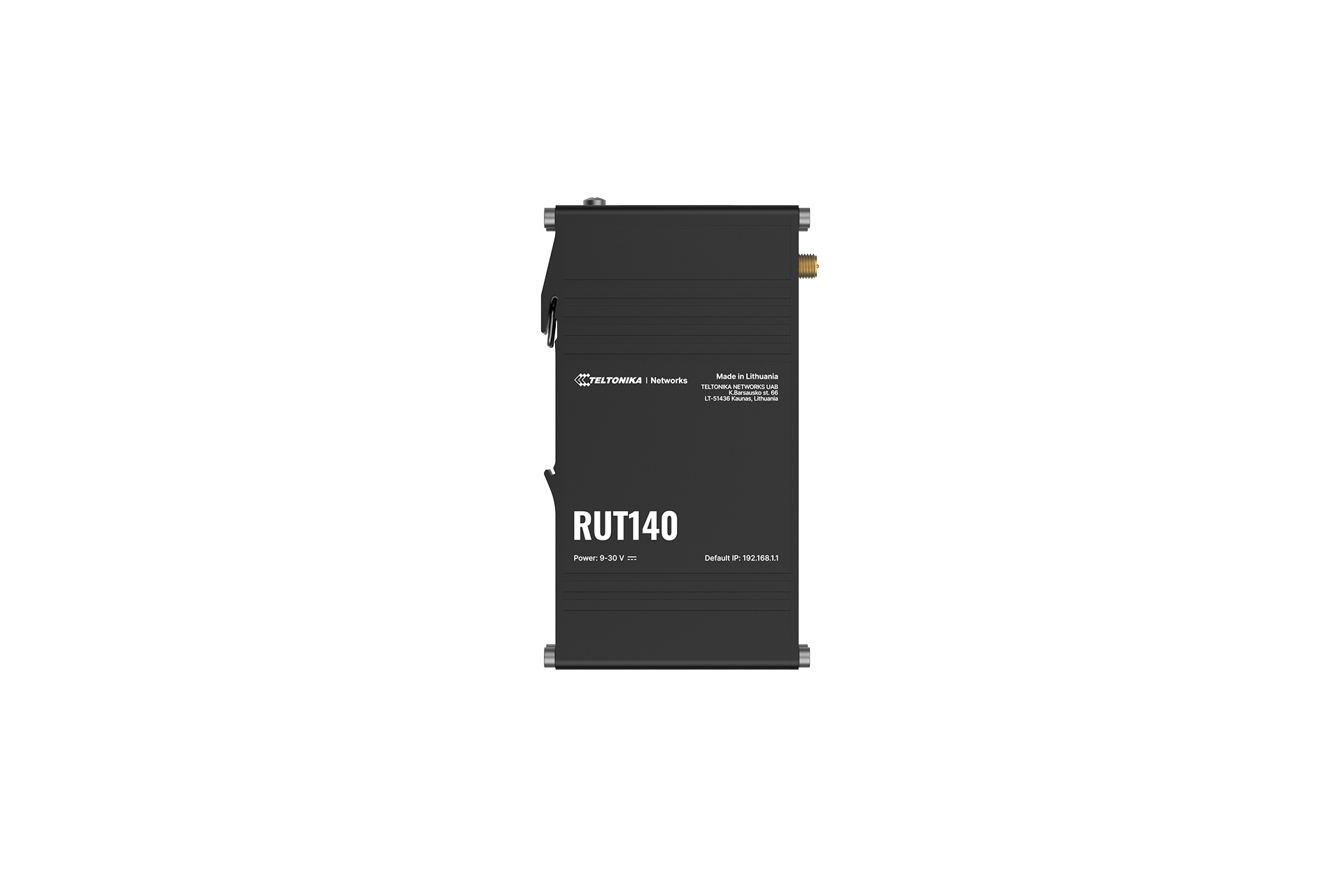 Teltonika RUT140 industrial Ethernet router with two 10/100 Mbps ports, Wi‑Fi 4, and DIN rail bracket — view 7