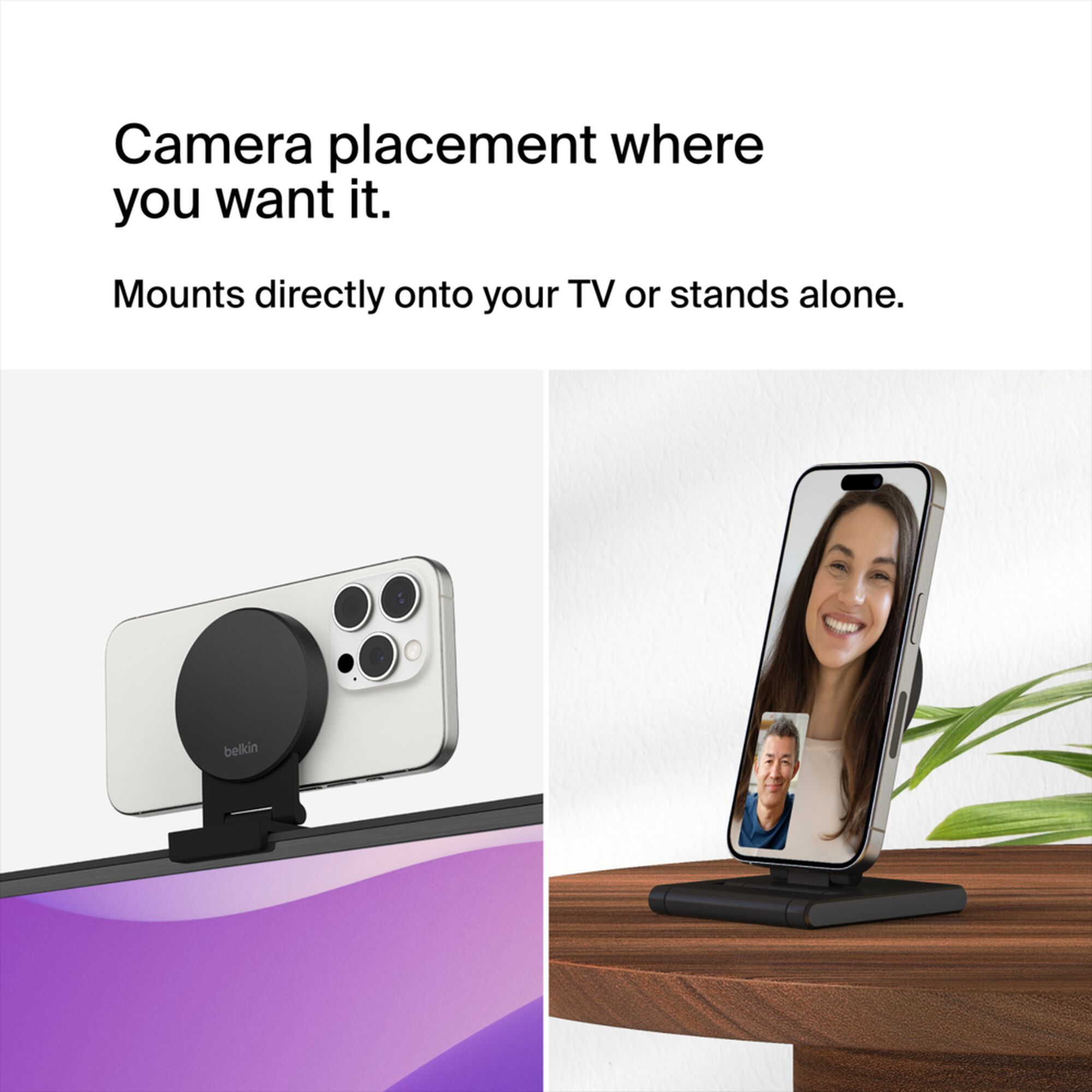 Grey Belkin iPhone Mount with MagSafe perched on top of a TV, holding an iPhone as a webcam for Apple TV 4K. — view 4