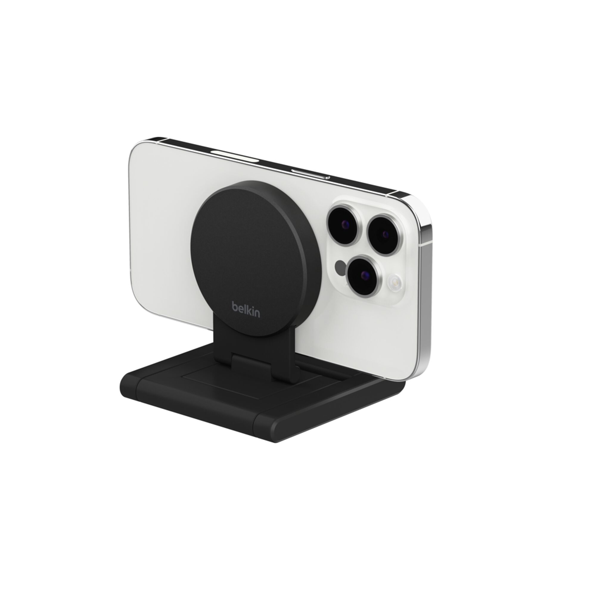 Grey Belkin iPhone Mount with MagSafe perched on top of a TV, holding an iPhone as a webcam for Apple TV 4K. — view 10