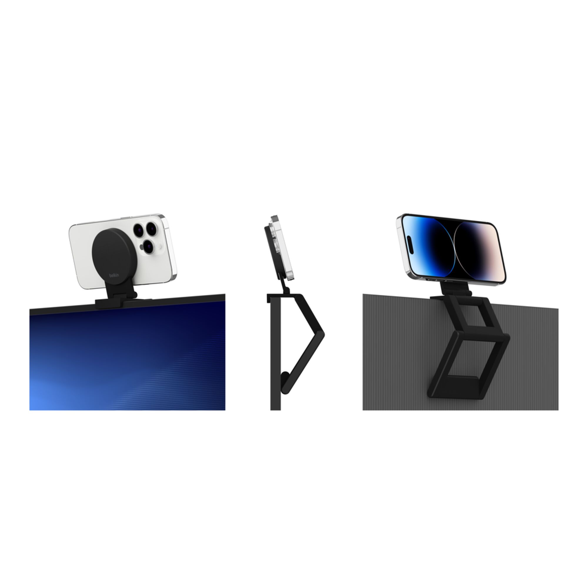 Grey Belkin iPhone Mount with MagSafe perched on top of a TV, holding an iPhone as a webcam for Apple TV 4K. — view 11