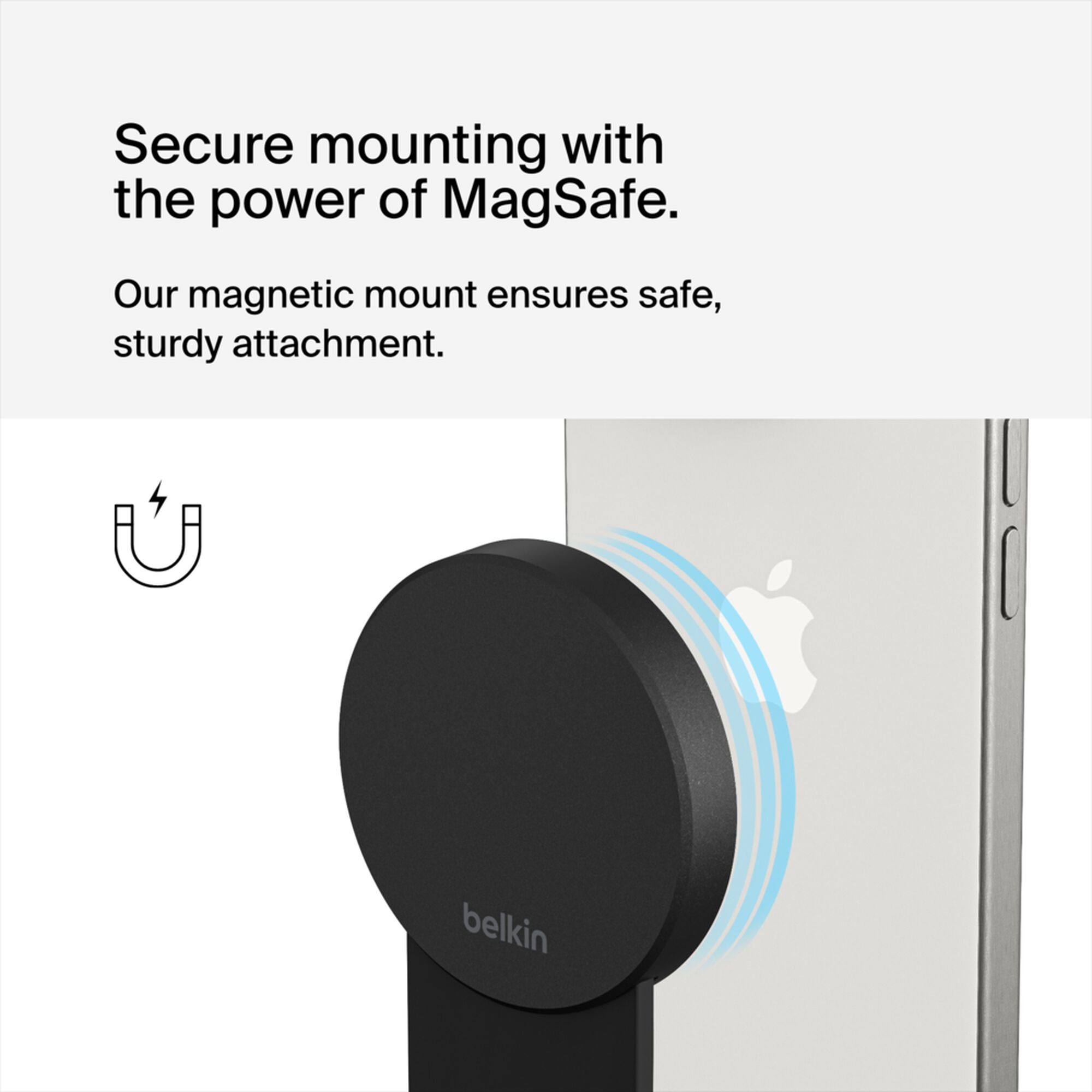 Grey Belkin iPhone Mount with MagSafe perched on top of a TV, holding an iPhone as a webcam for Apple TV 4K. — view 3