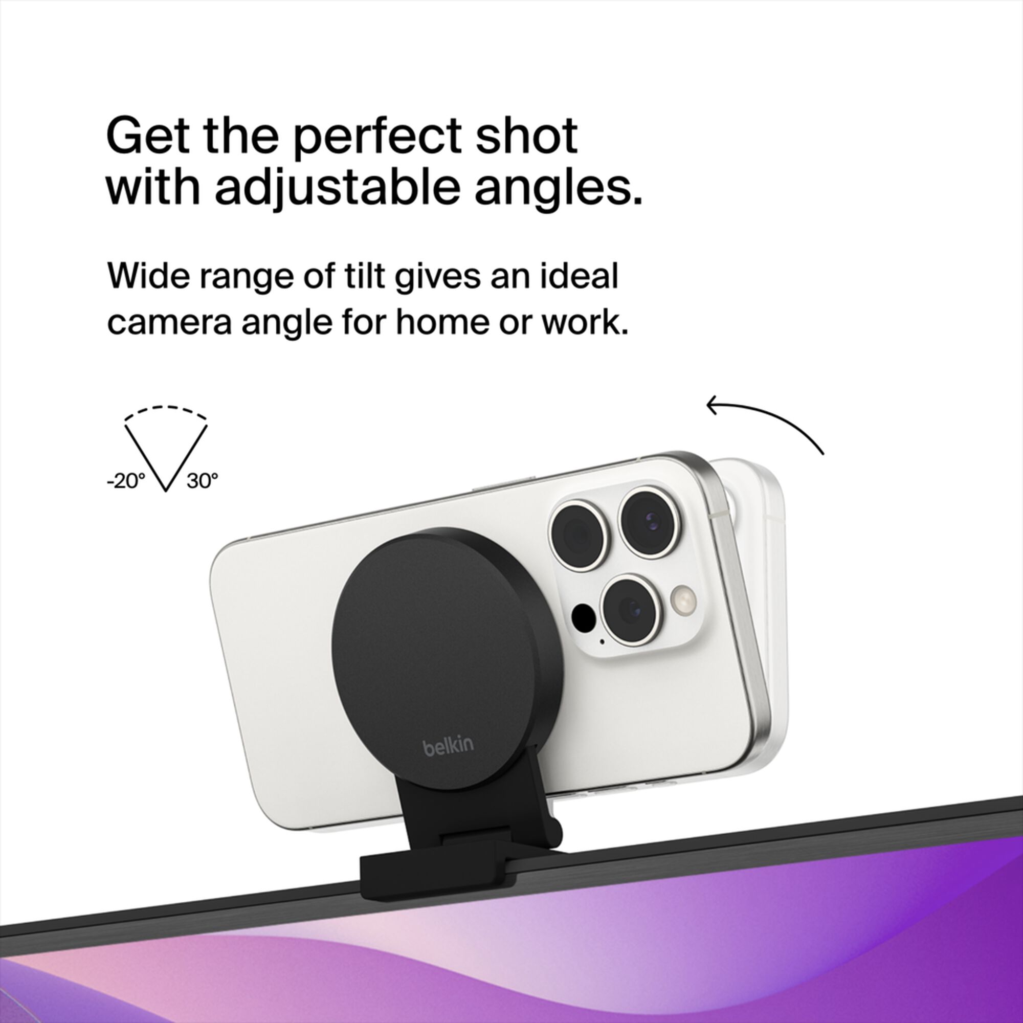 Grey Belkin iPhone Mount with MagSafe perched on top of a TV, holding an iPhone as a webcam for Apple TV 4K. — view 5