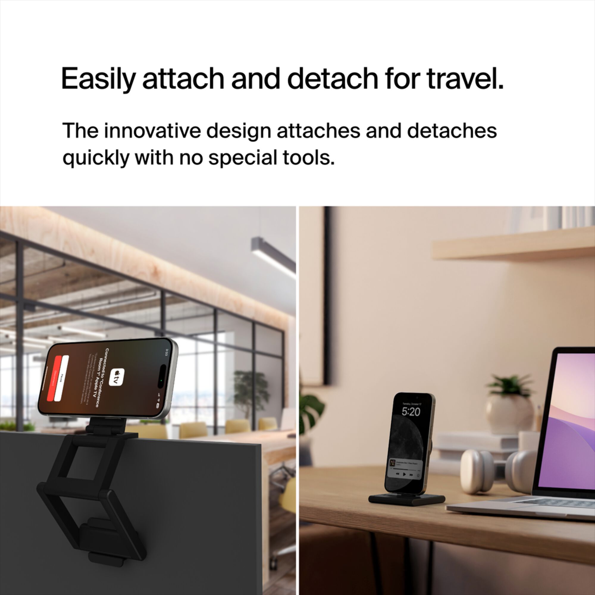Grey Belkin iPhone Mount with MagSafe perched on top of a TV, holding an iPhone as a webcam for Apple TV 4K. — view 6