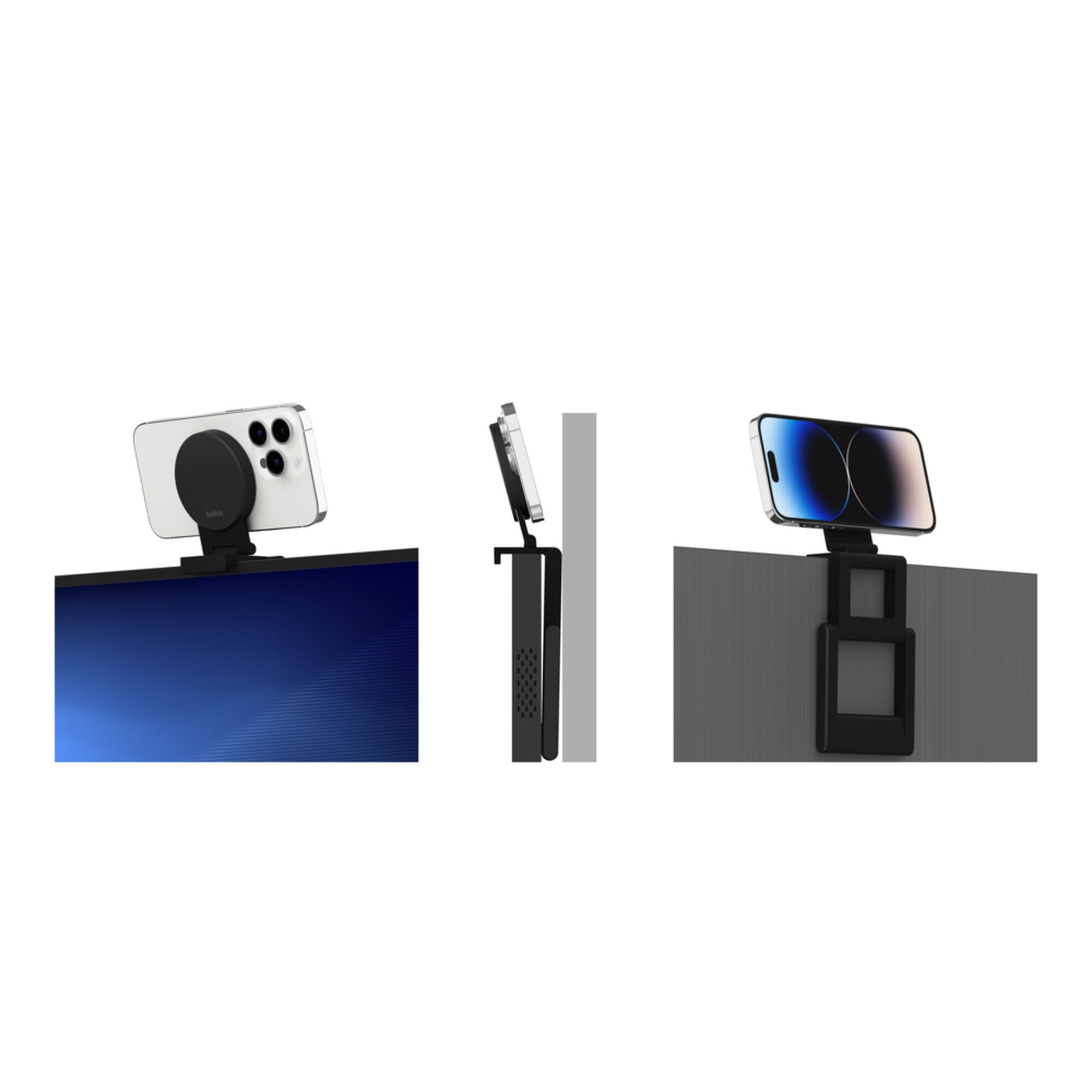 Grey Belkin iPhone Mount with MagSafe perched on top of a TV, holding an iPhone as a webcam for Apple TV 4K. — view 12