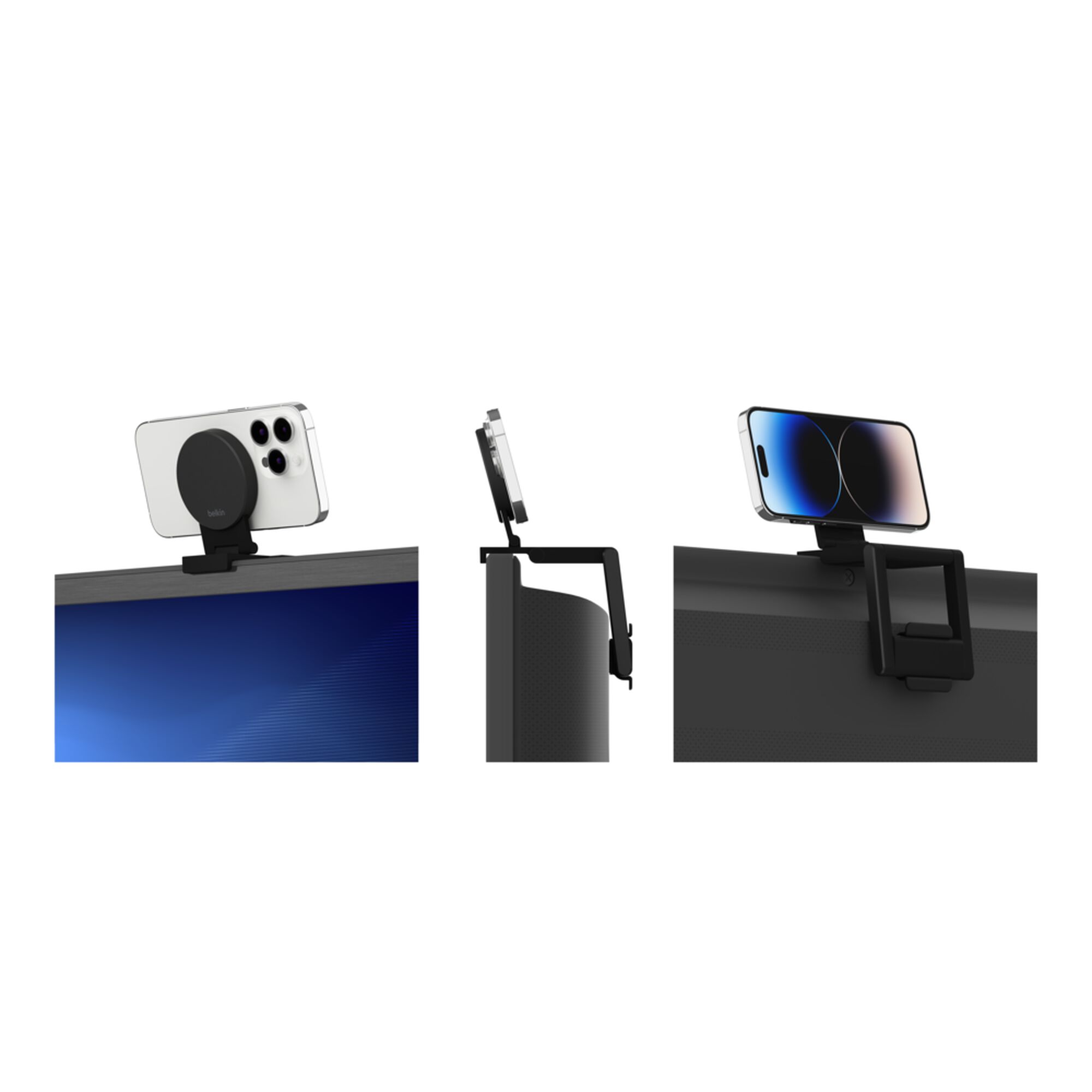 Grey Belkin iPhone Mount with MagSafe perched on top of a TV, holding an iPhone as a webcam for Apple TV 4K. — view 13