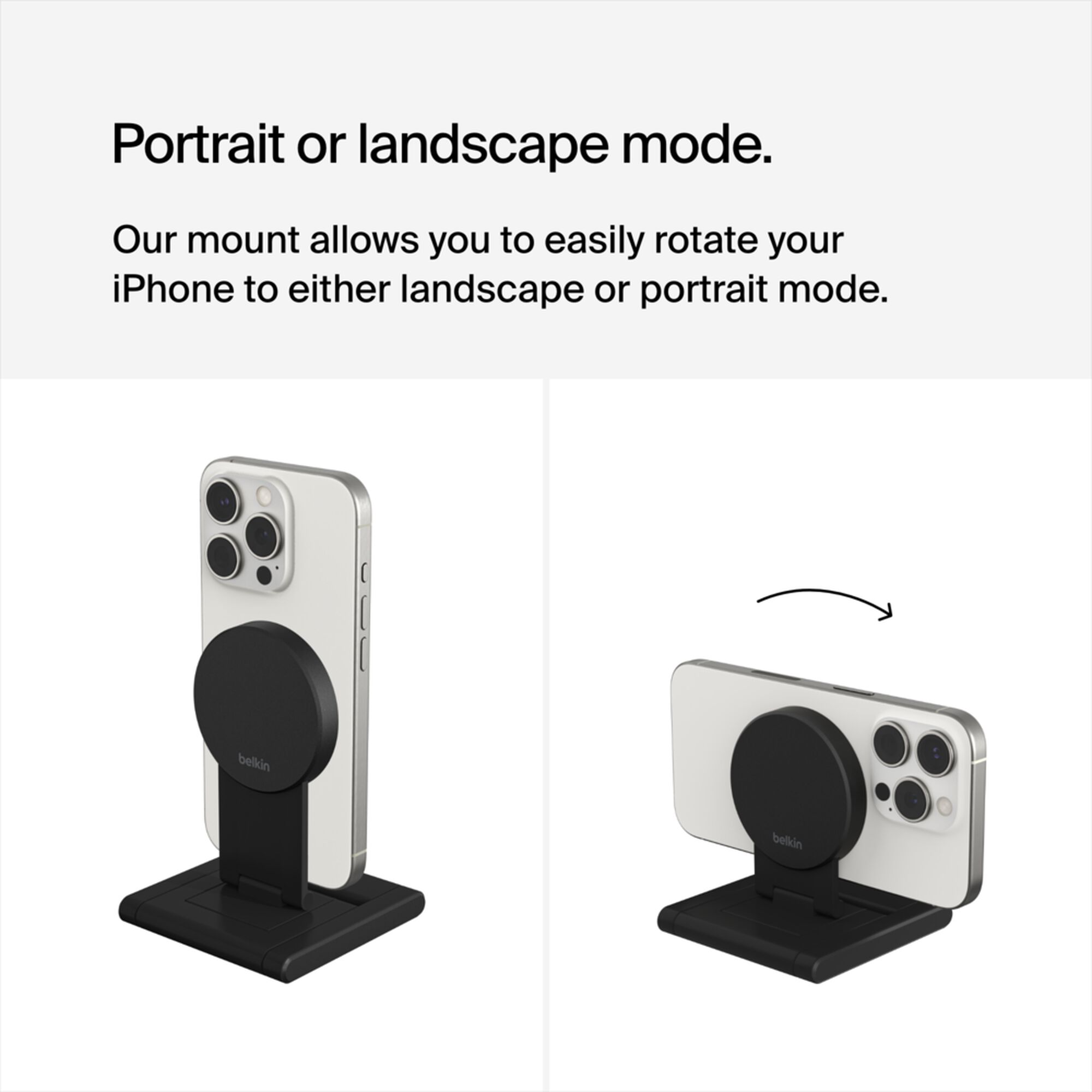 Grey Belkin iPhone Mount with MagSafe perched on top of a TV, holding an iPhone as a webcam for Apple TV 4K. — view 7