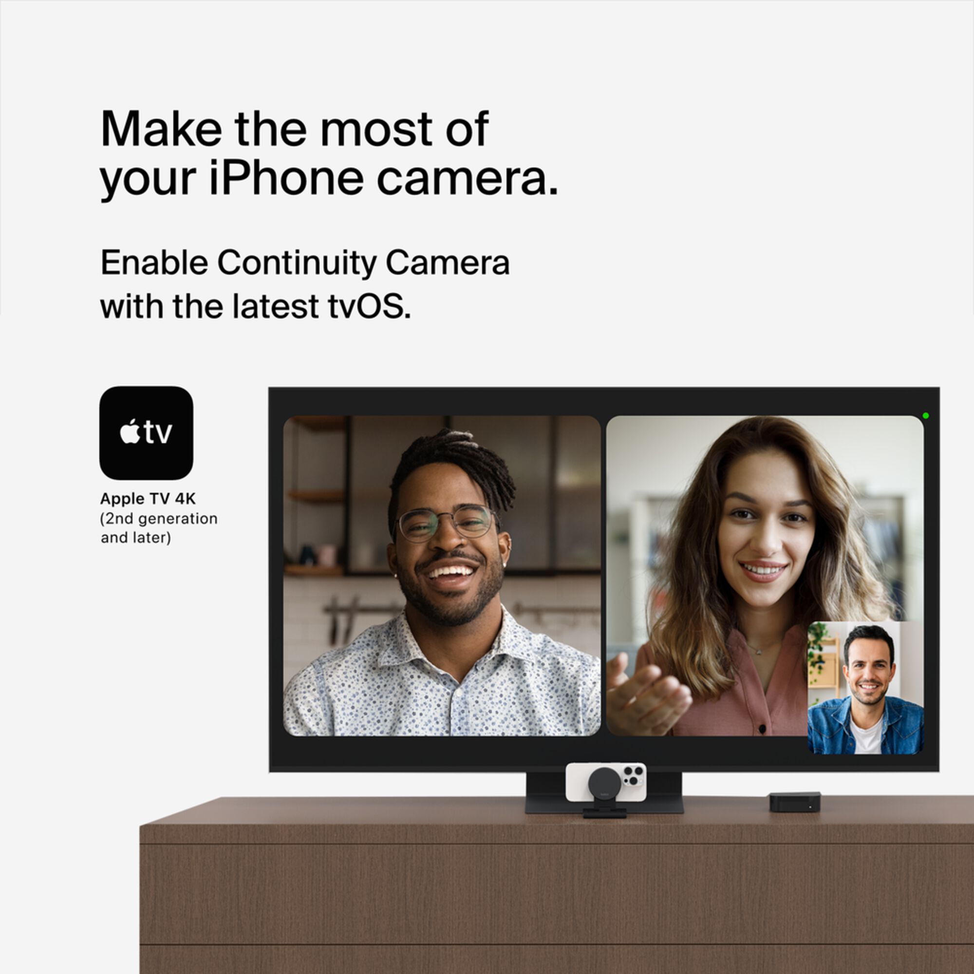 Grey Belkin iPhone Mount with MagSafe perched on top of a TV, holding an iPhone as a webcam for Apple TV 4K. — view 2