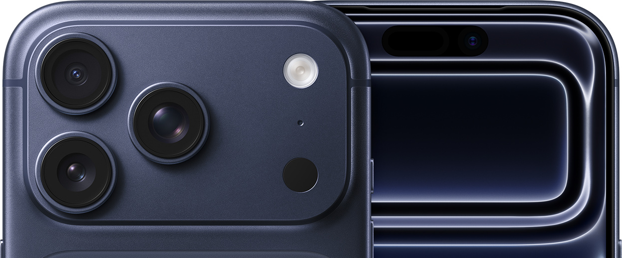Apple iPhone 17 Pro in Deep Blue showing the 6.3-inch display and triple 48MP Fusion camera system — view 3