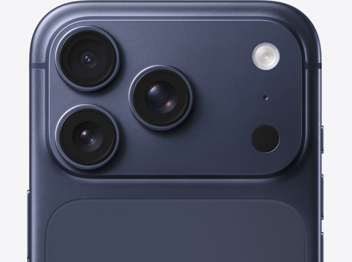 Apple iPhone 17 Pro in Deep Blue showing the 6.3-inch display and triple 48MP Fusion camera system — view 2