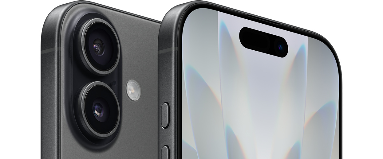 Apple iPhone 17 in Black showing the 6.3-inch ProMotion display and dual 48MP camera system — view 3