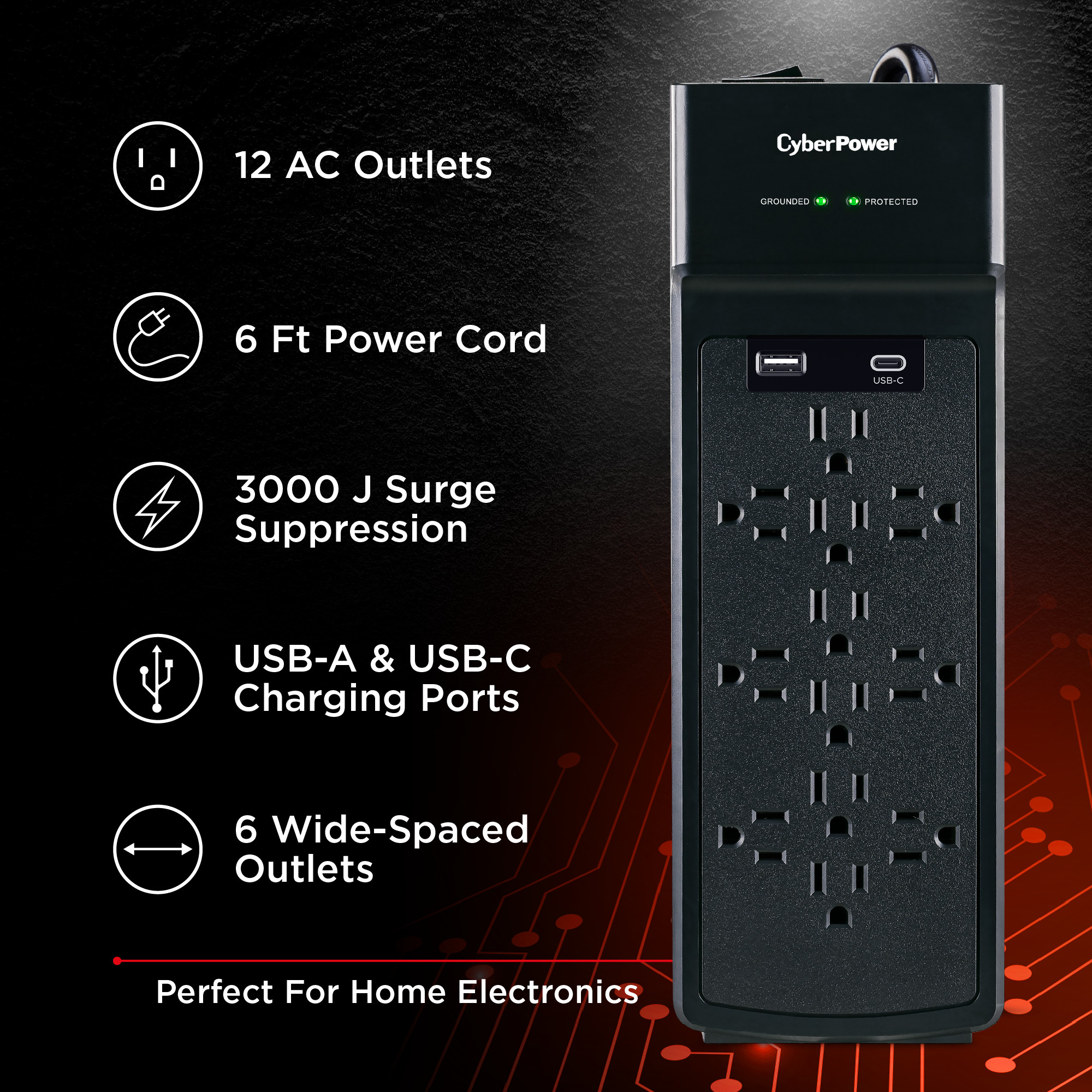 CyberPower CSP1206UC surge protector strip with 12 outlets and USB charging — view 5