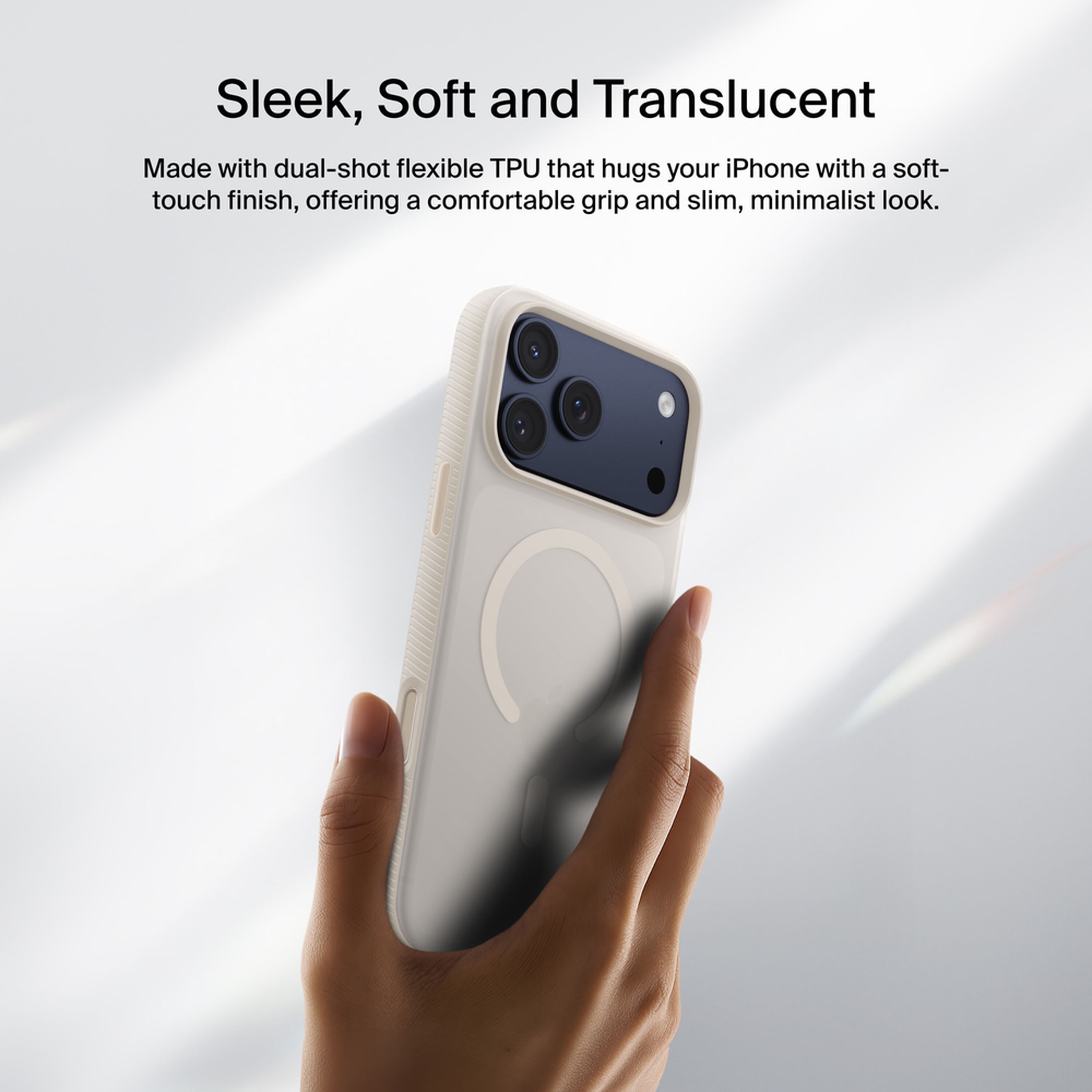 Belkin SheerForce Grip Series case in translucent Sand on an iPhone 17 Pro Max, showing the textured anti-slip bumper and raised camera edge. — view 8