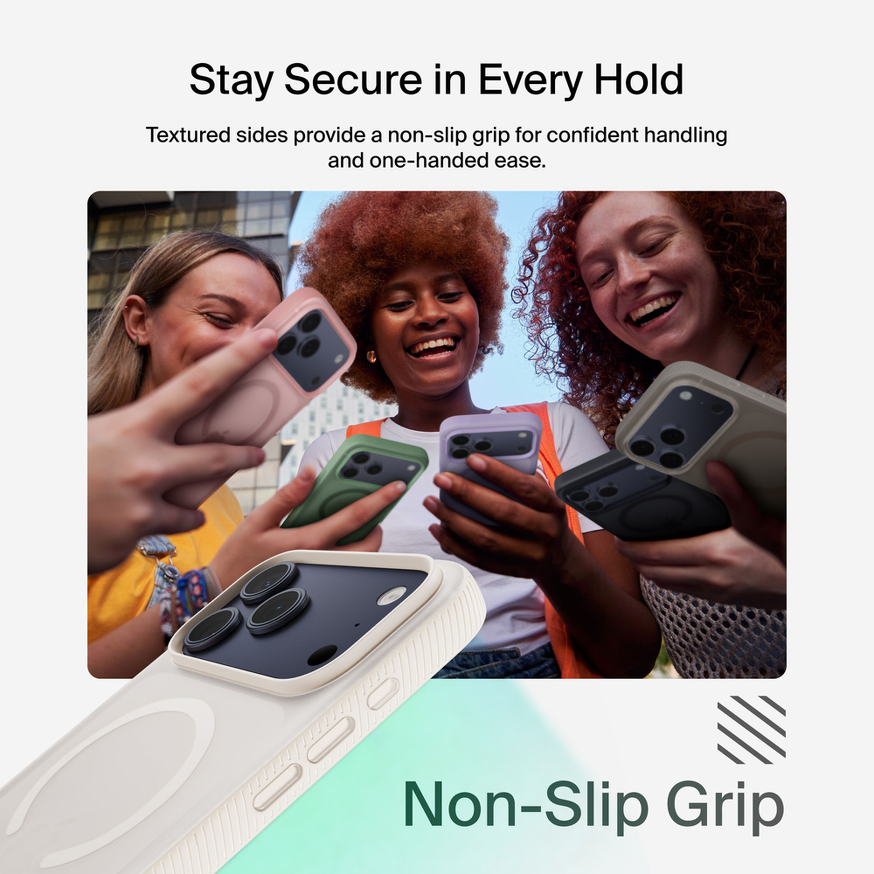 Belkin SheerForce Grip Series case in translucent Sand on an iPhone 17 Pro Max, showing the textured anti-slip bumper and raised camera edge. — view 4