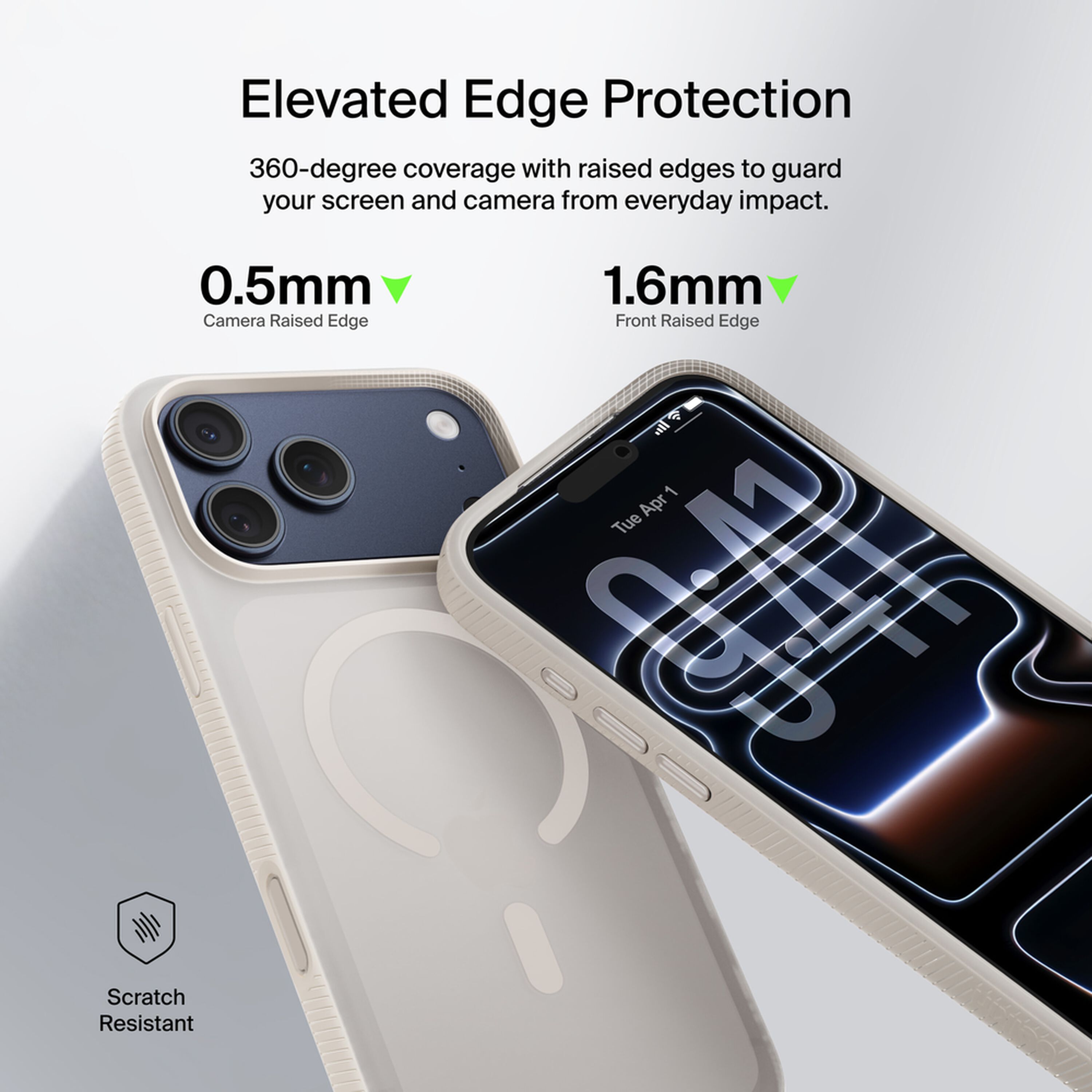 Belkin SheerForce Grip Series case in translucent Sand on an iPhone 17 Pro Max, showing the textured anti-slip bumper and raised camera edge. — view 7