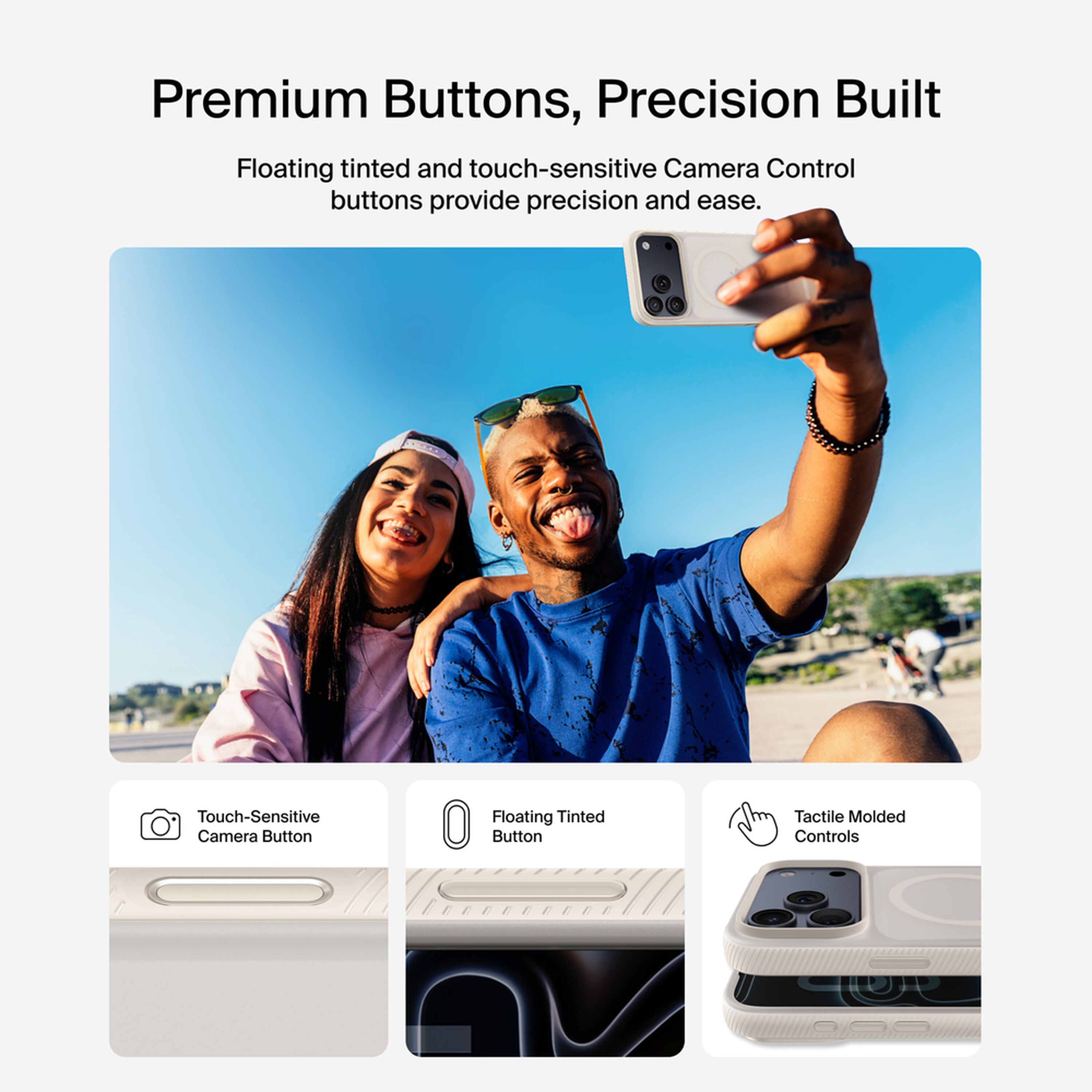 Belkin SheerForce Grip Series case in translucent Sand on an iPhone 17 Pro Max, showing the textured anti-slip bumper and raised camera edge. — view 5