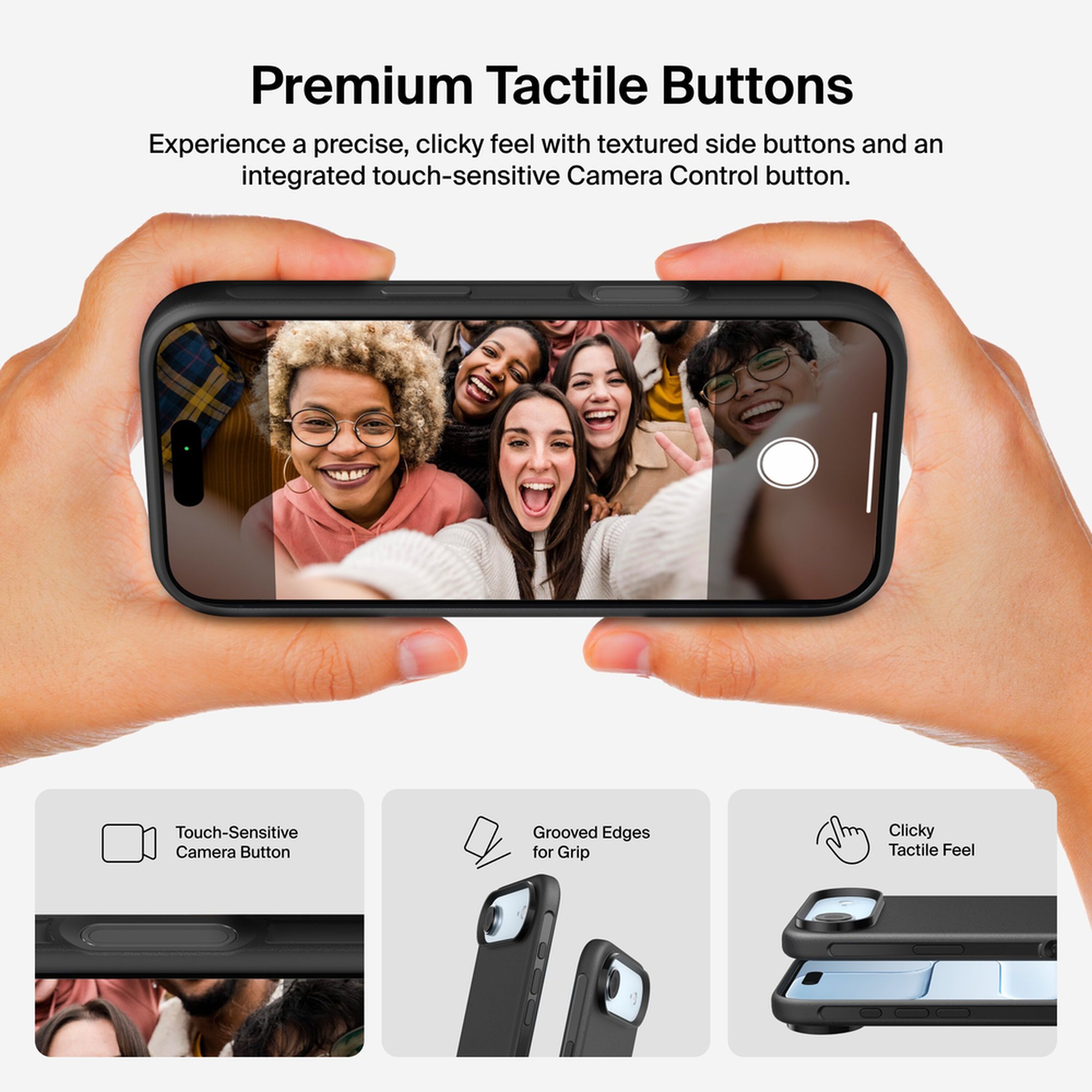 Belkin SheerForce Protect Series dual-layer case in Black fitted to an iPhone Air, showing the slim profile and raised camera edge. — view 4