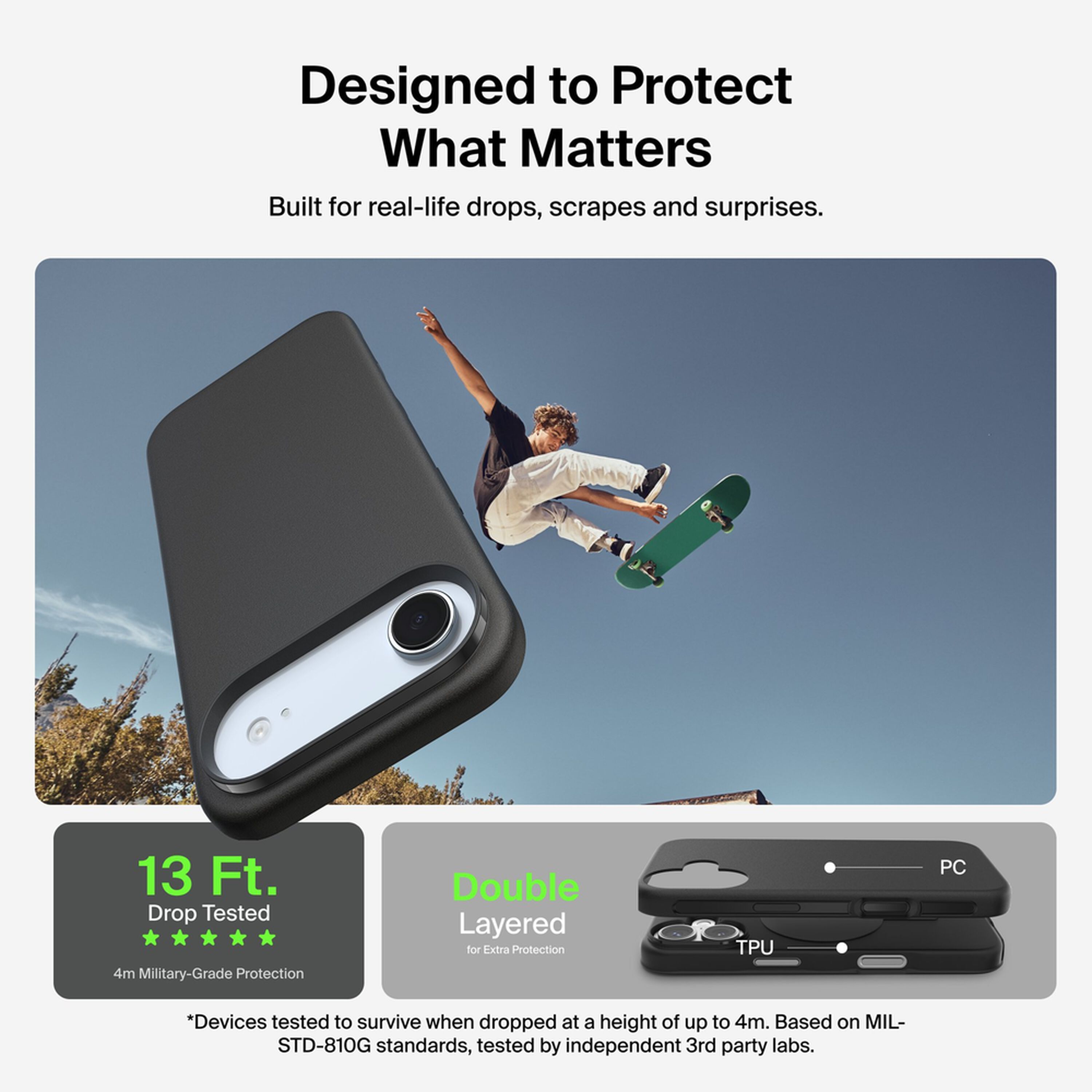Belkin SheerForce Protect Series dual-layer case in Black fitted to an iPhone Air, showing the slim profile and raised camera edge. — view 3