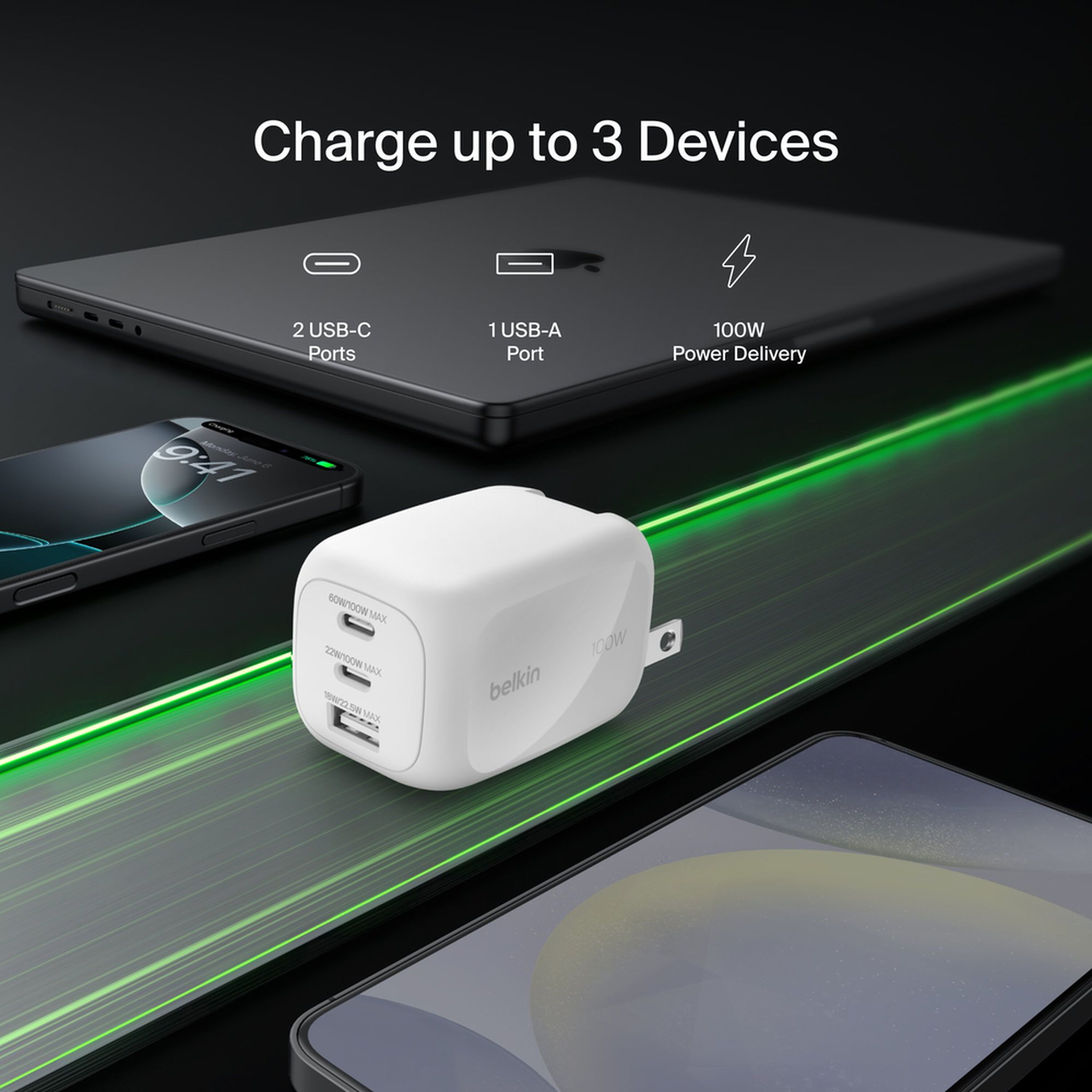 White Belkin BoostCharge Pro 100W GaN wall charger with two USB-C ports and one USB-A port. — view 2
