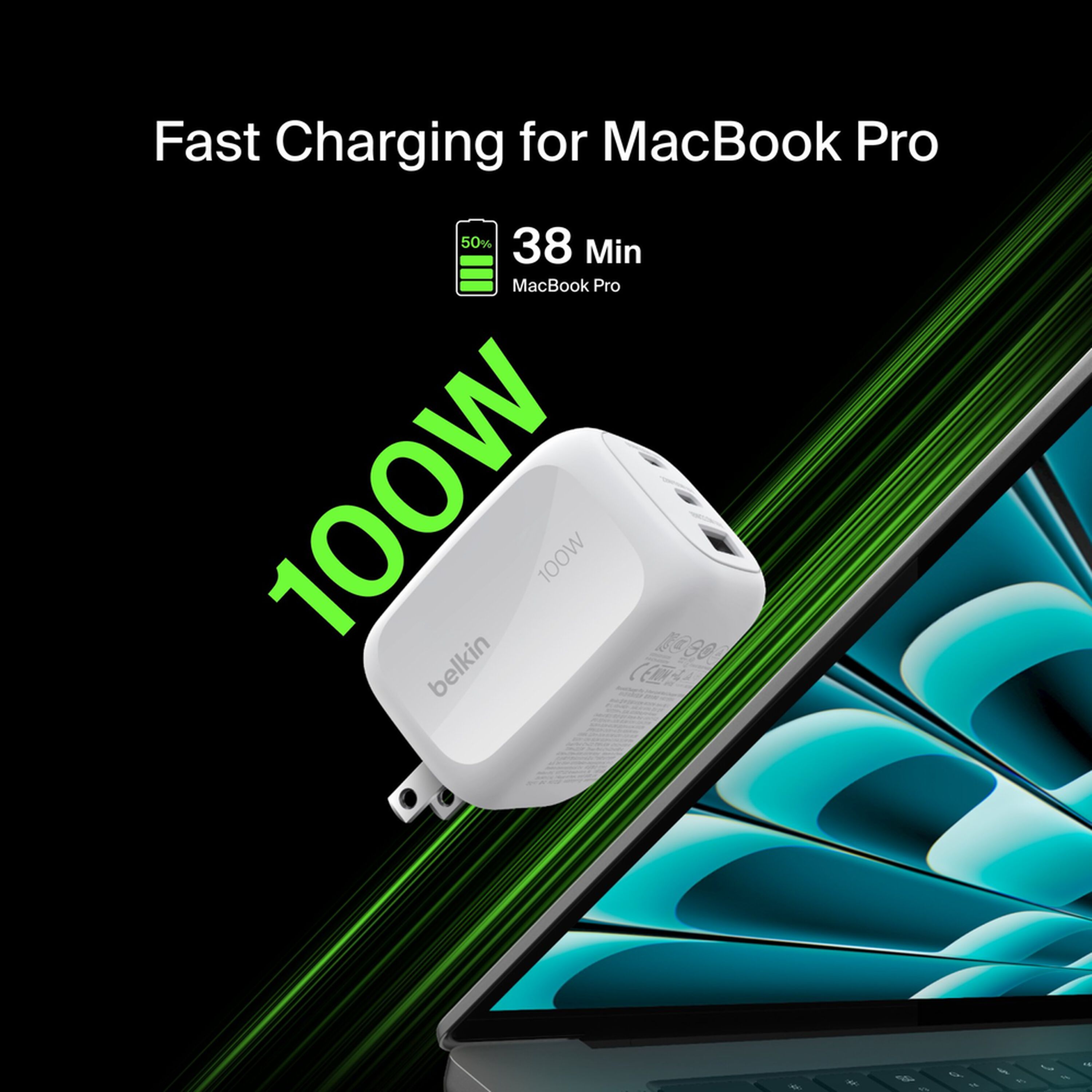 White Belkin BoostCharge Pro 100W GaN wall charger with two USB-C ports and one USB-A port. — view 3